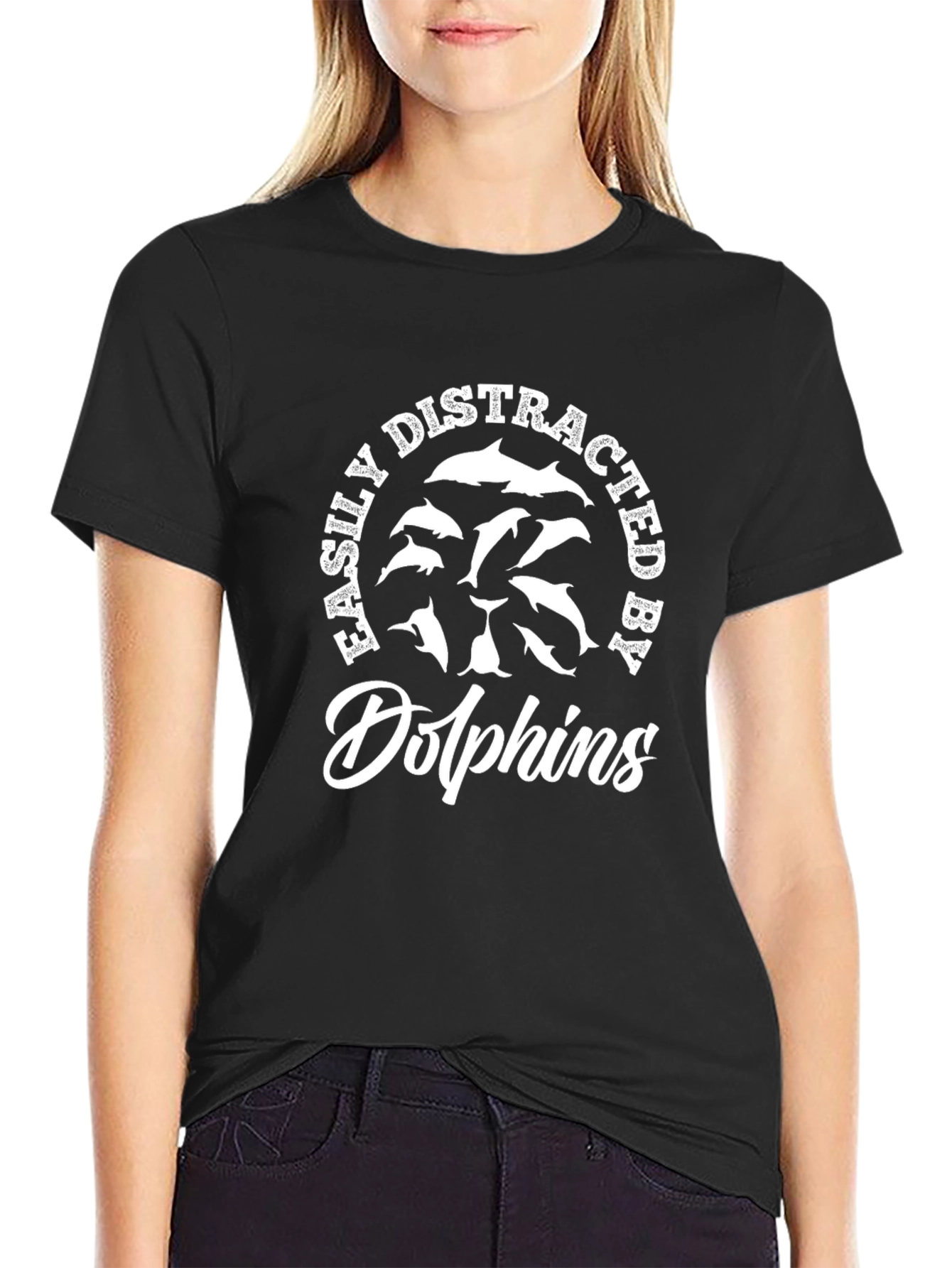 Black Easily Distracted by Dolphins Graphic Tee - Black view 2