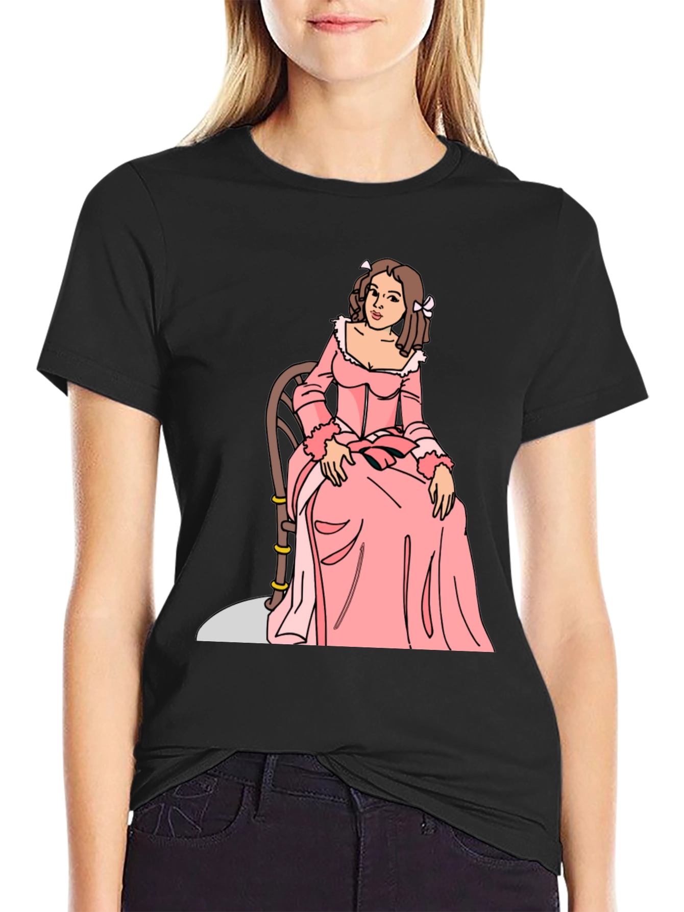 Black Cartoon Woman Pink Dress Black T-Shirt view 2