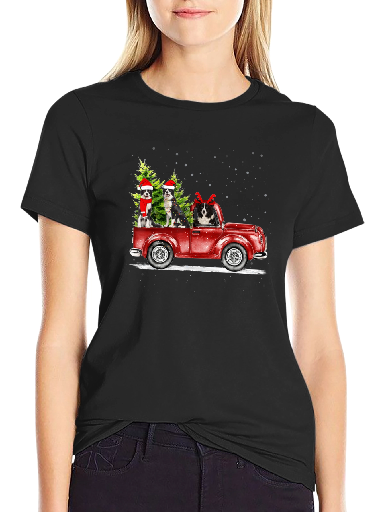 Black Holiday Dogs in Truck T-Shirt view 2