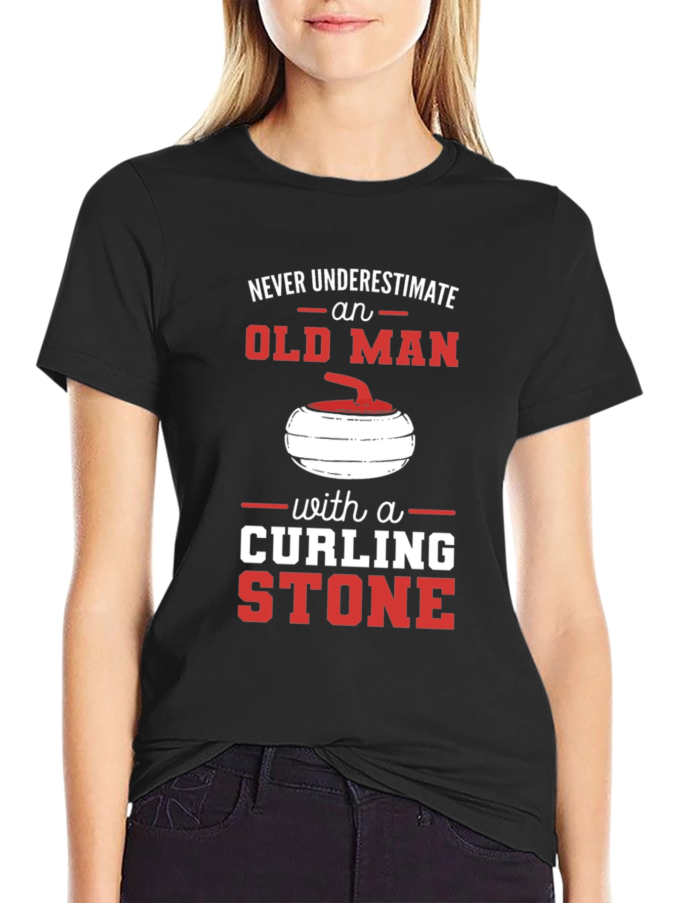 Black Never Underestimate Old Man with Curling Stone T-Shirt view 2
