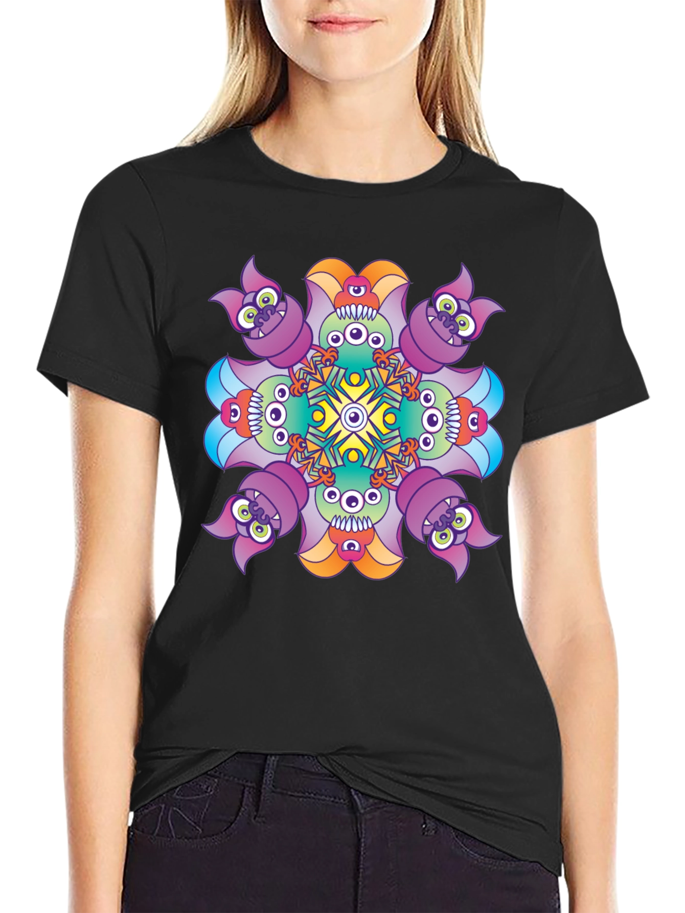 Black Monster Kaleidoscope Graphic Tee - Black Cotton T-Shirt view 2