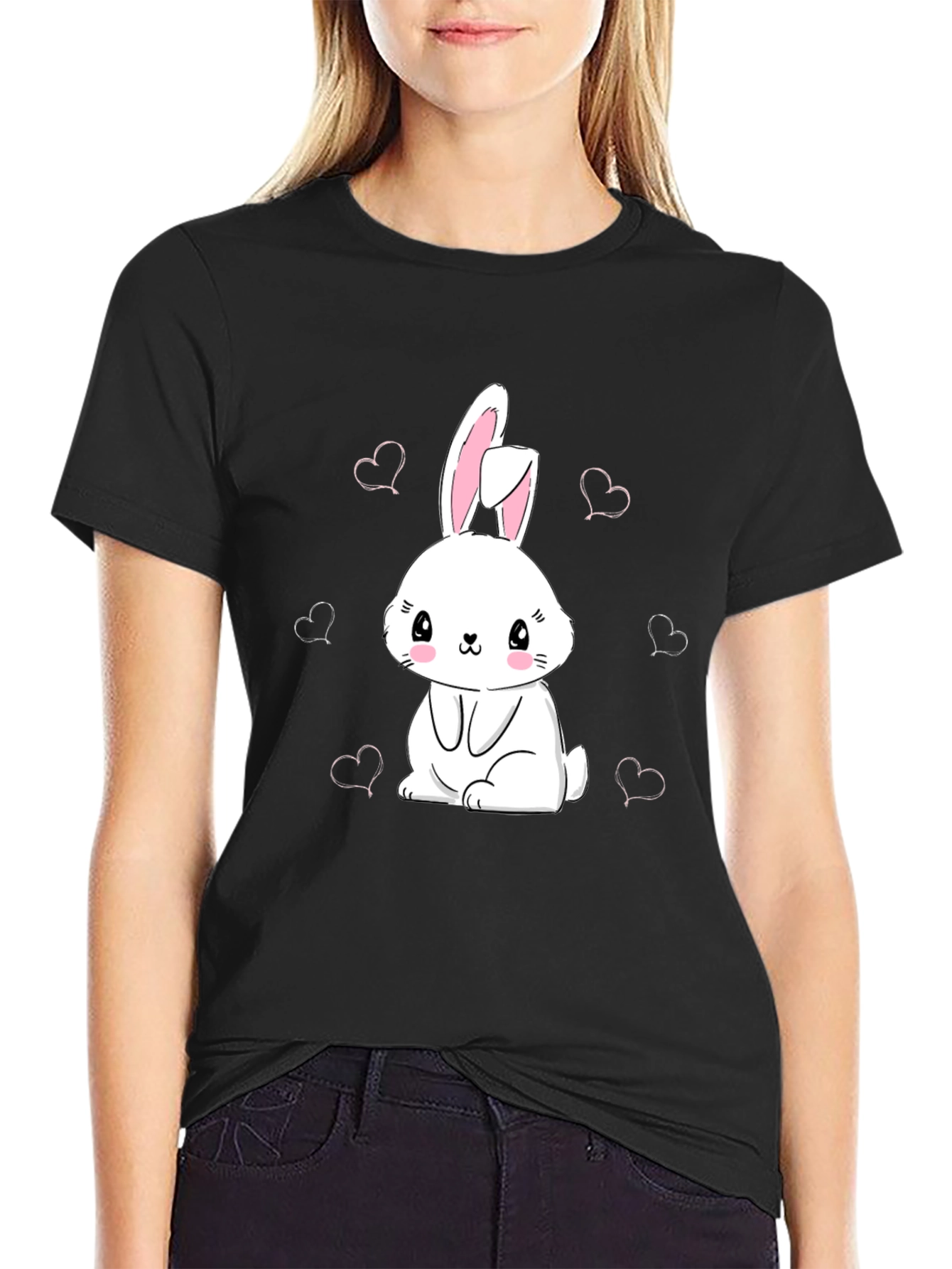 Black Cute Bunny Heart Print Black T-Shirt view 2