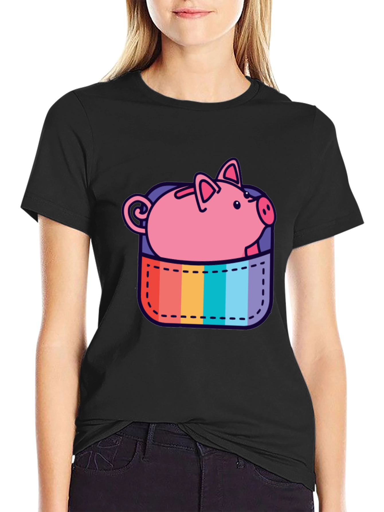 Black Rainbow Pocket Piggy Bank T-Shirt view 2