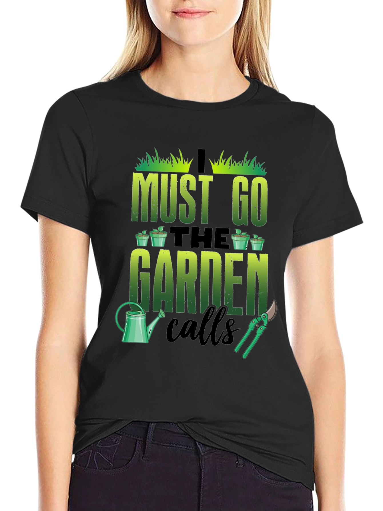 Black Gardening T-Shirt: I Must Go The Garden Calls view 2