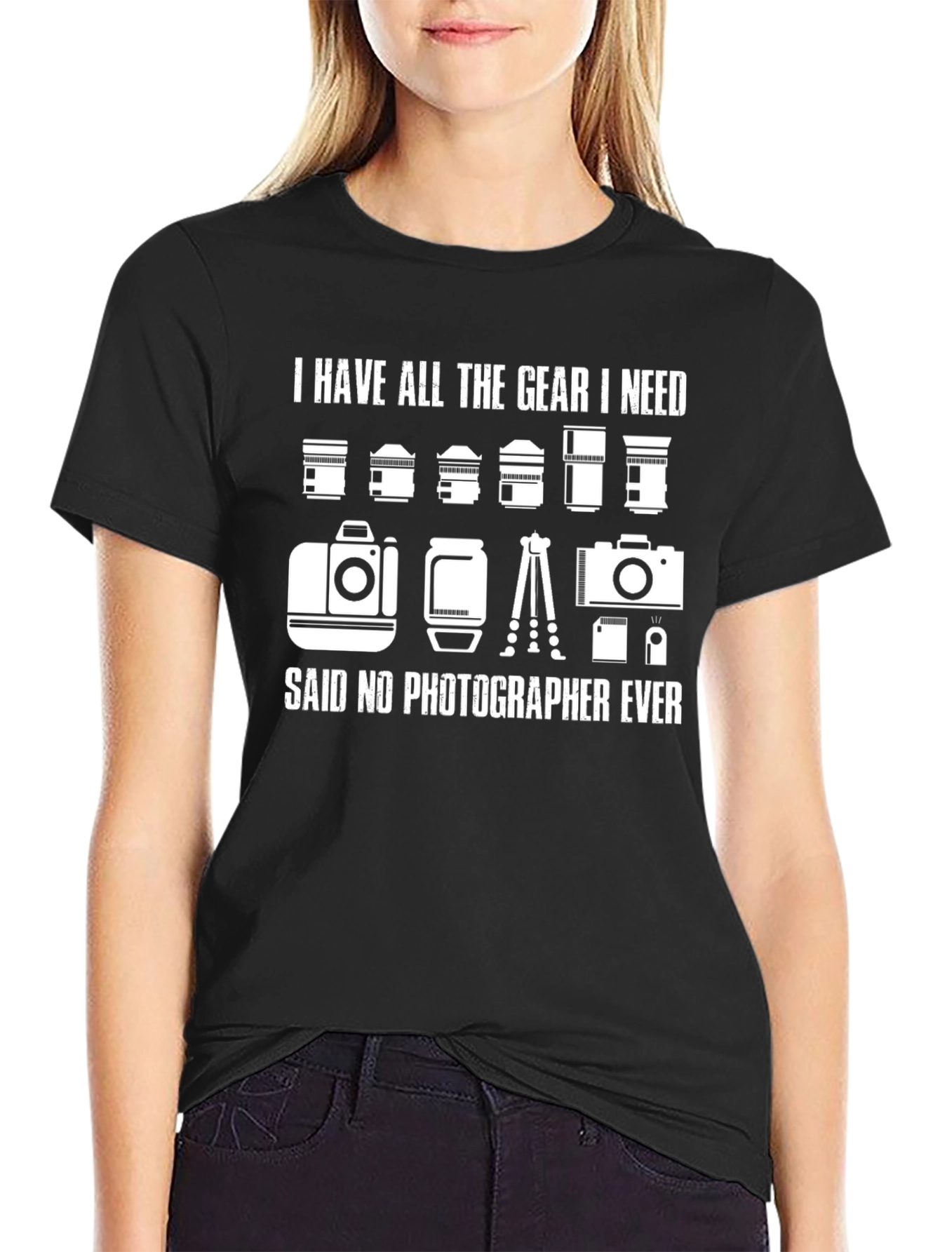 Black Photographer Gear T-Shirt: Never Enough Equipment view 2