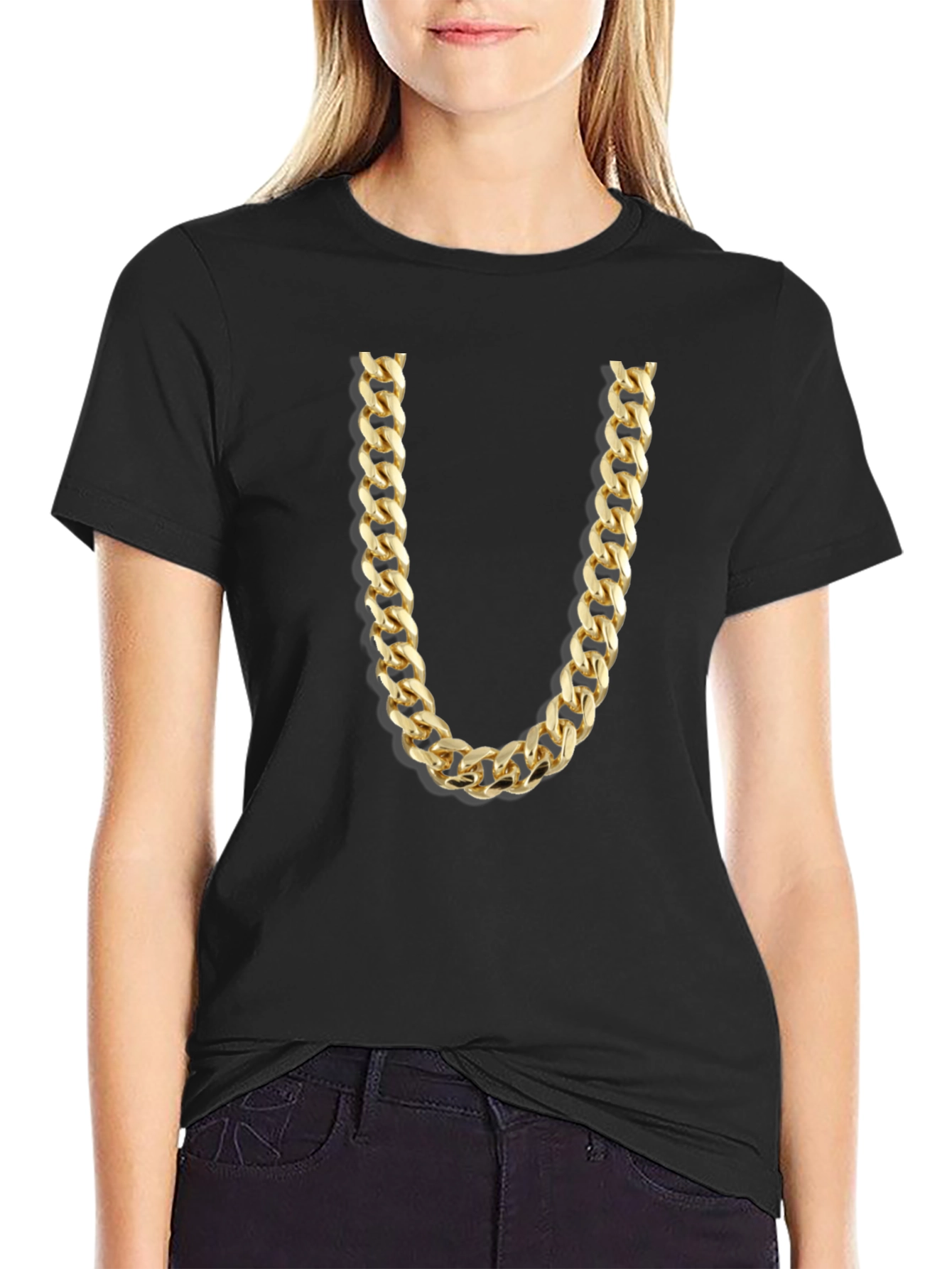 Black Gold Chain Graphic Tee - Novelty Statement Shirt view 2