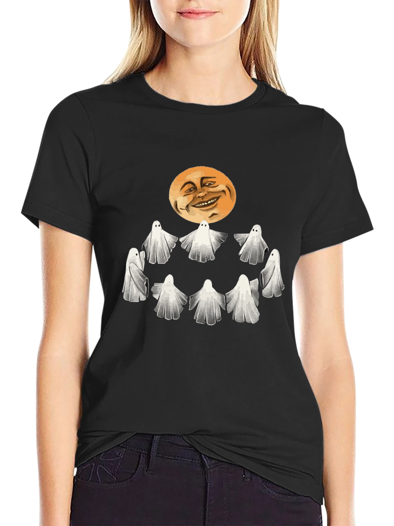 Black Spooky Ghosts and Moon Graphic Tee - Halloween Style view 2