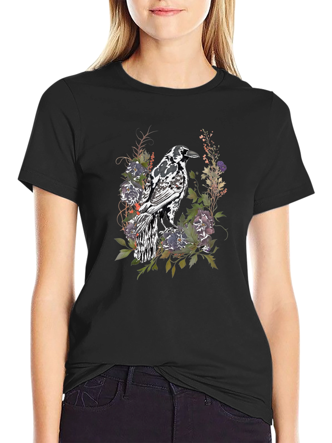 Black Raven & Floral Graphic Tee - Stylish Men's Black T-Shirt view 2