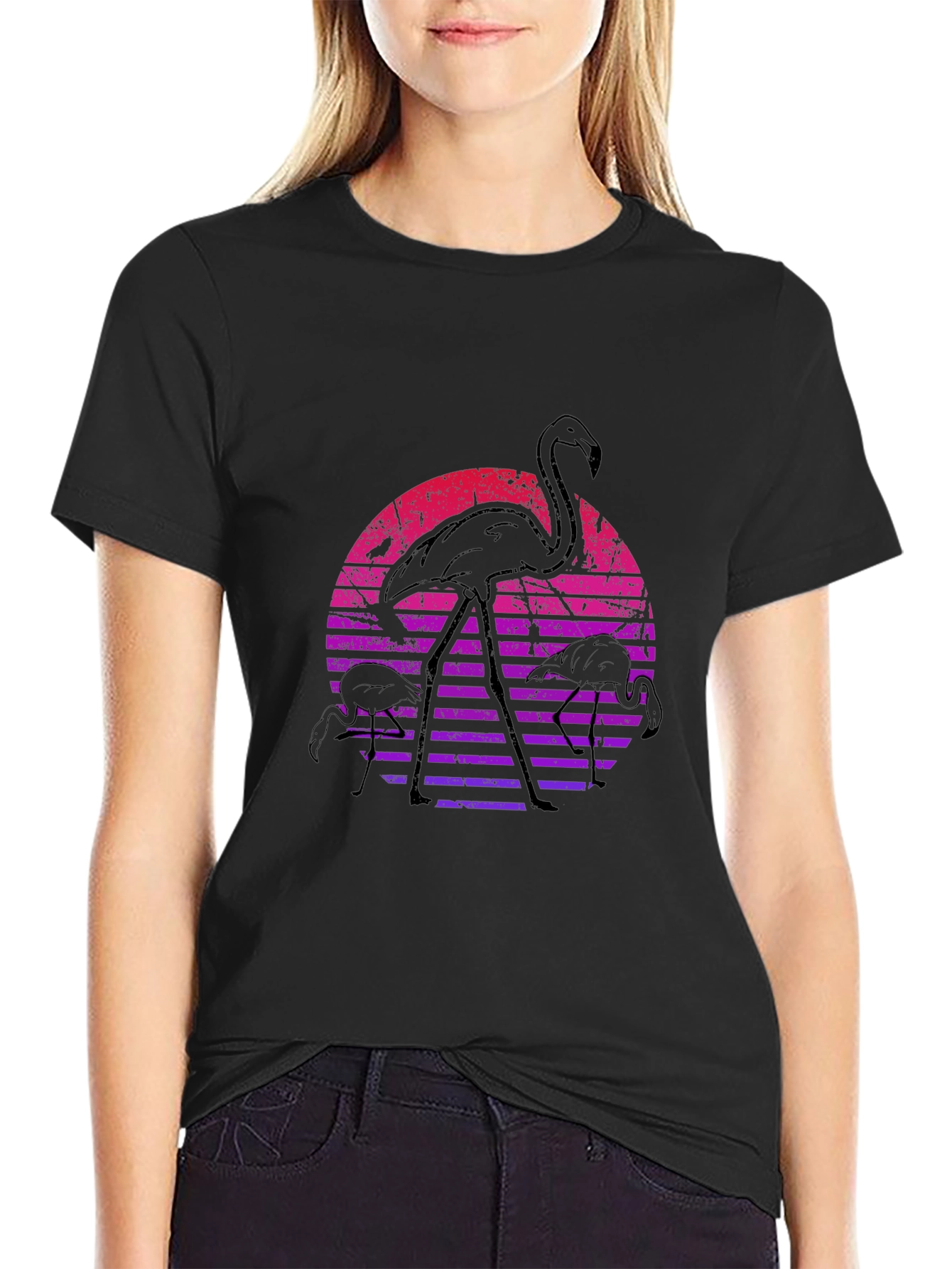 Black Retro Flamingo Sunset Graphic Tee view 2