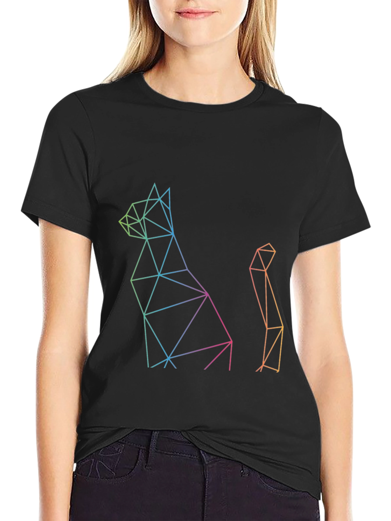 Black Geometric Cat Print Black T-Shirt view 2