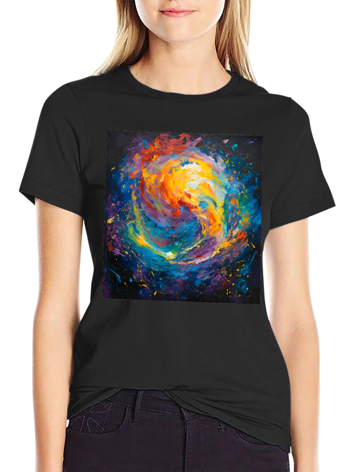 Black Abstract Galaxy Print Crew Neck T-Shirt view 2