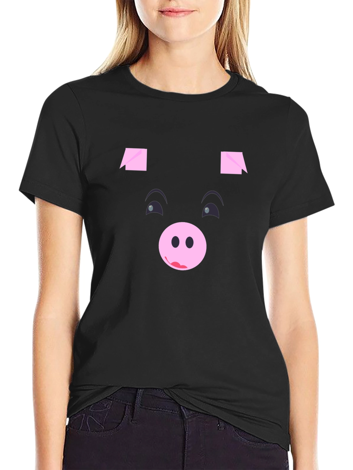 Black Funny Pig Face Black Graphic T-Shirt view 2