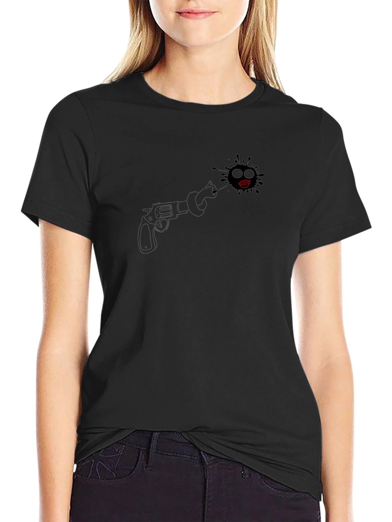 Black Black T-Shirt with Revolver and Lips Design view 2