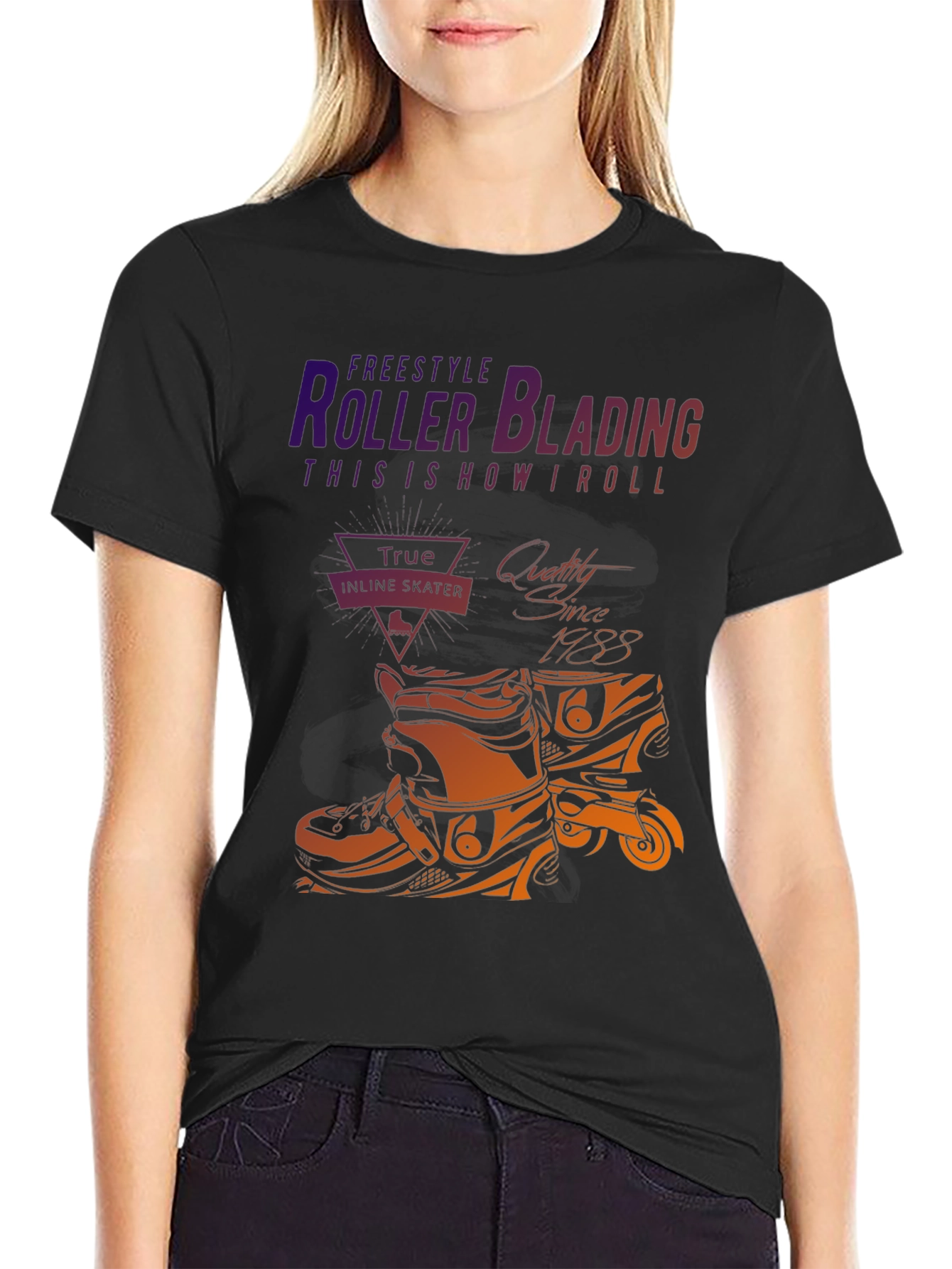 Black Roller Blading T-Shirt - Freestyle Inline Skate Design view 2