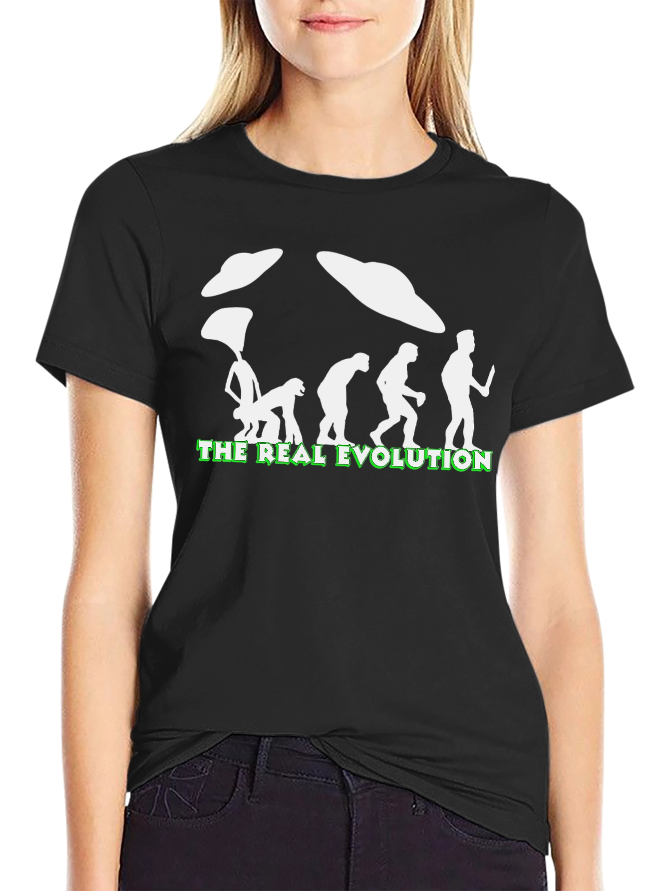 Black The Real Evolution UFO T-Shirt - Funny Graphic Tee view 2