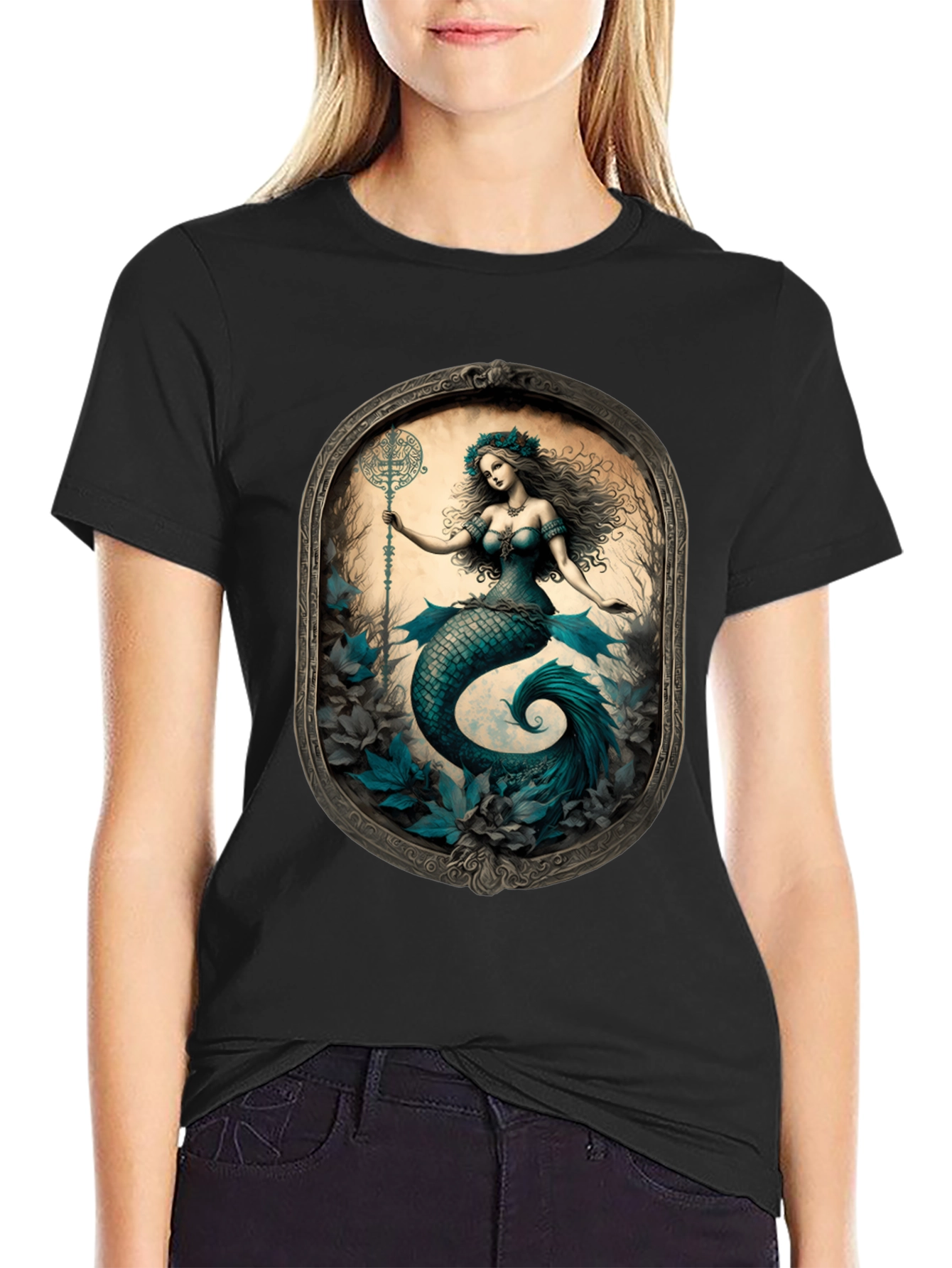 Black Mermaid Graphic Tee - Fantasy Art T-Shirt view 2