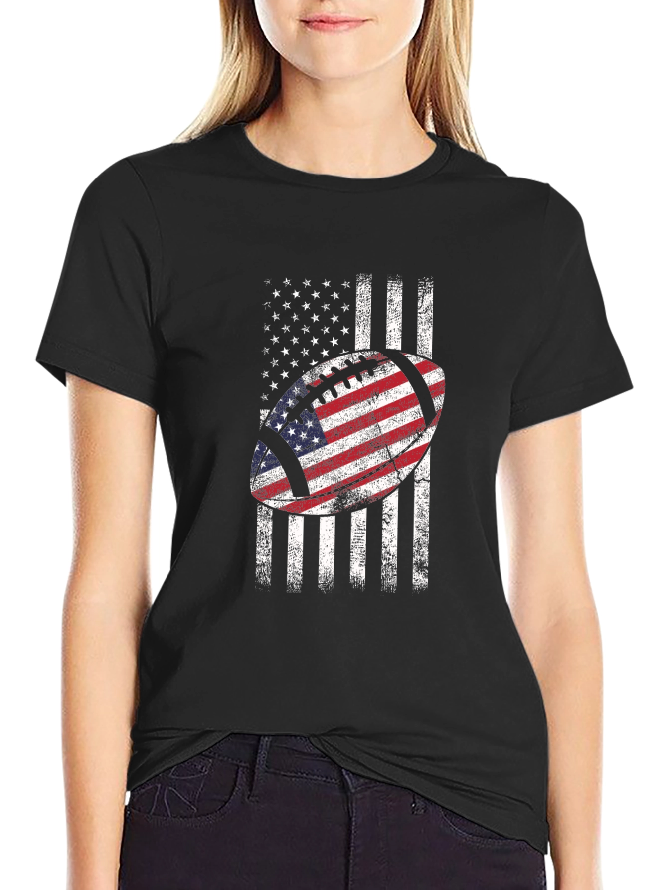Black American Flag Football Graphic Tee - Patriotic USA Shirt view 2