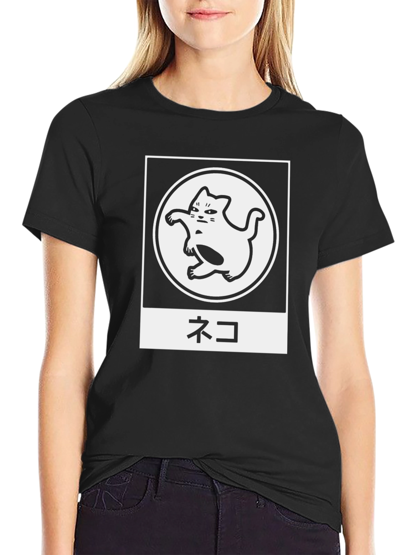 Black Black T-Shirt with Cat Design and Japanese Text view 2