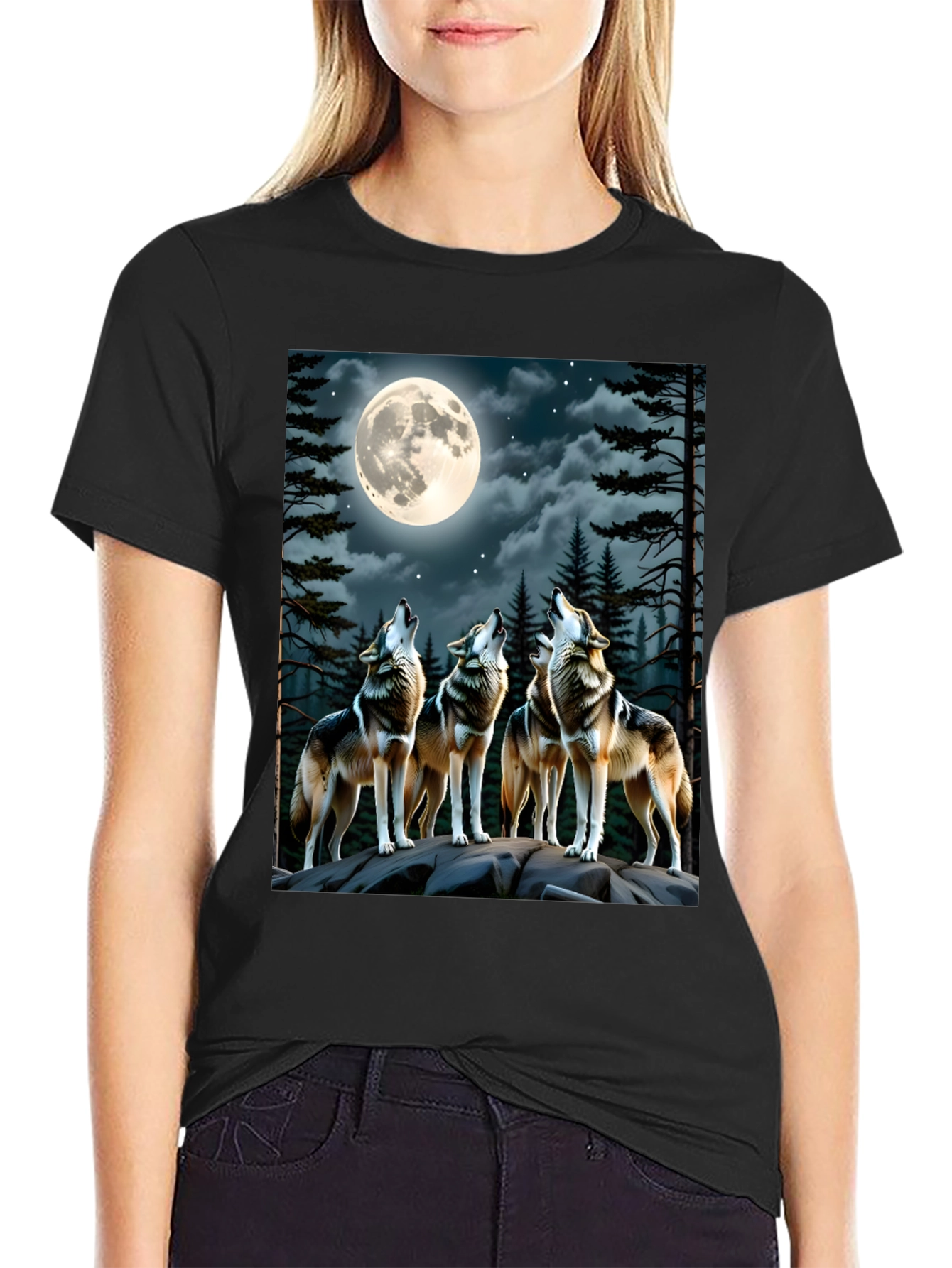 Black Wolf Pack Moon Graphic T-Shirt view 2