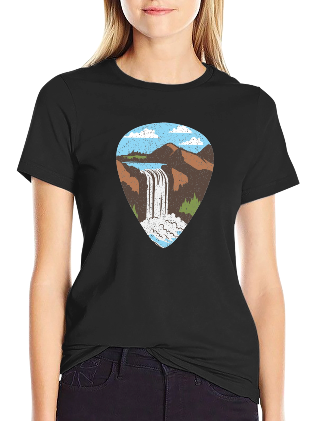 Black Waterfall Graphic Tee - Black Cotton T-Shirt view 2