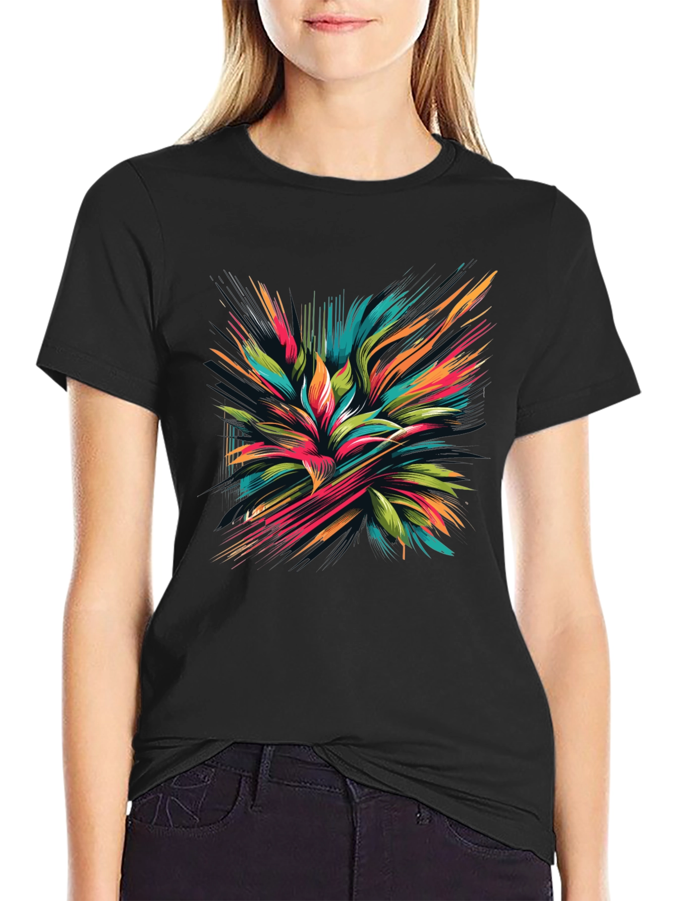Black Abstract Floral Graphic Black T-Shirt view 2