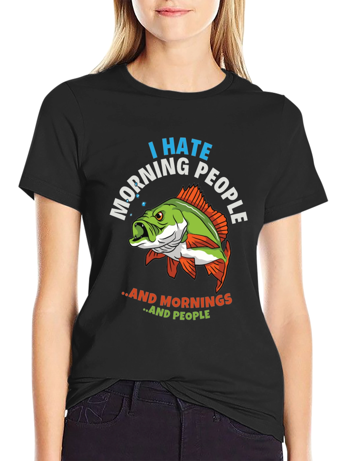 Black I Hate Morning People Fish Graphic T-Shirt view 2