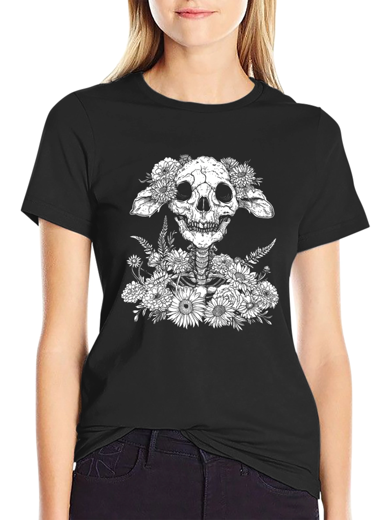 Black Floral Skull Graphic T-Shirt - Unique Design view 2