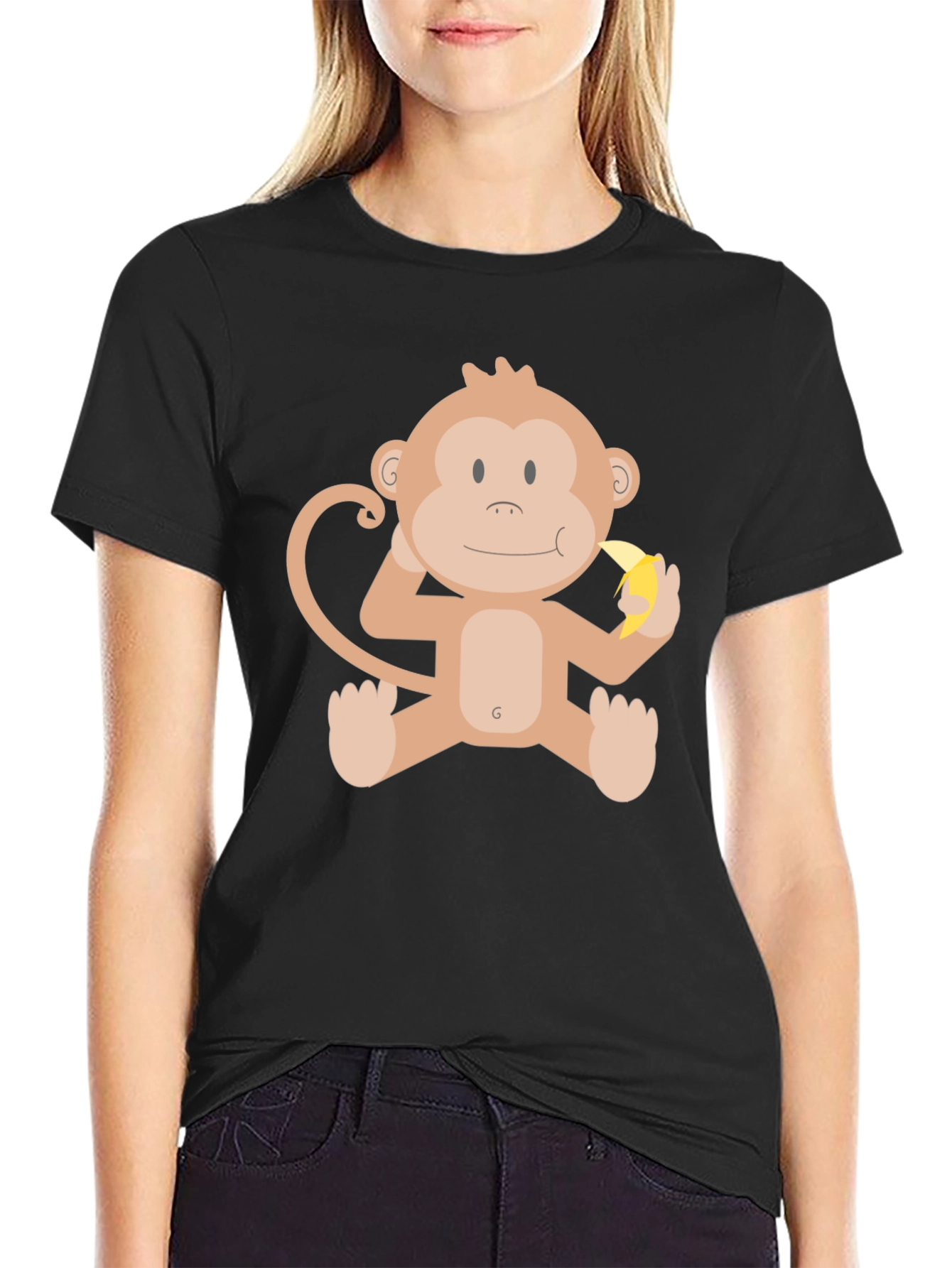 Black Funny Monkey Banana Graphic Black T-Shirt view 2