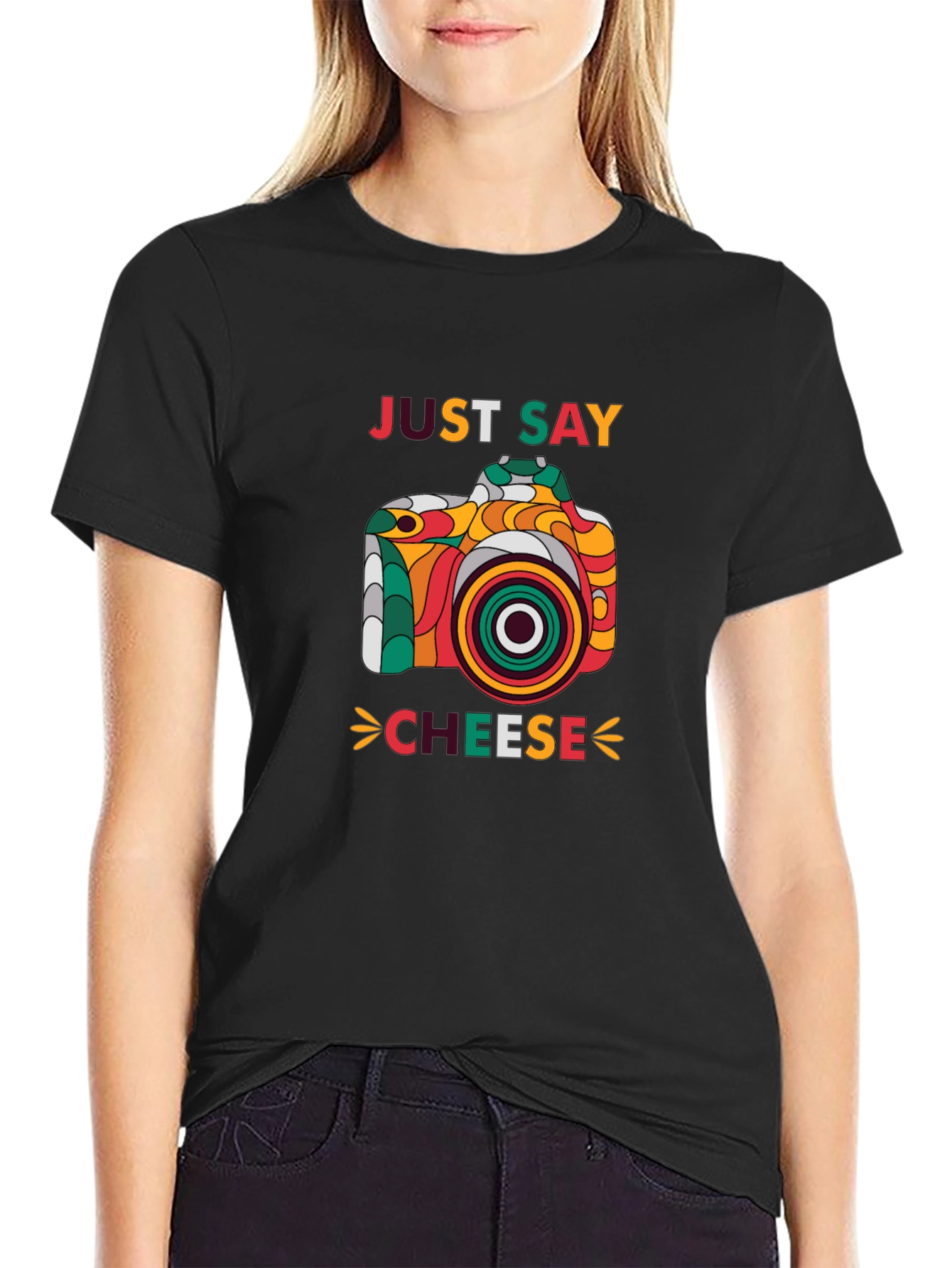 Black Just Say Cheese Camera Graphic T-Shirt view 2