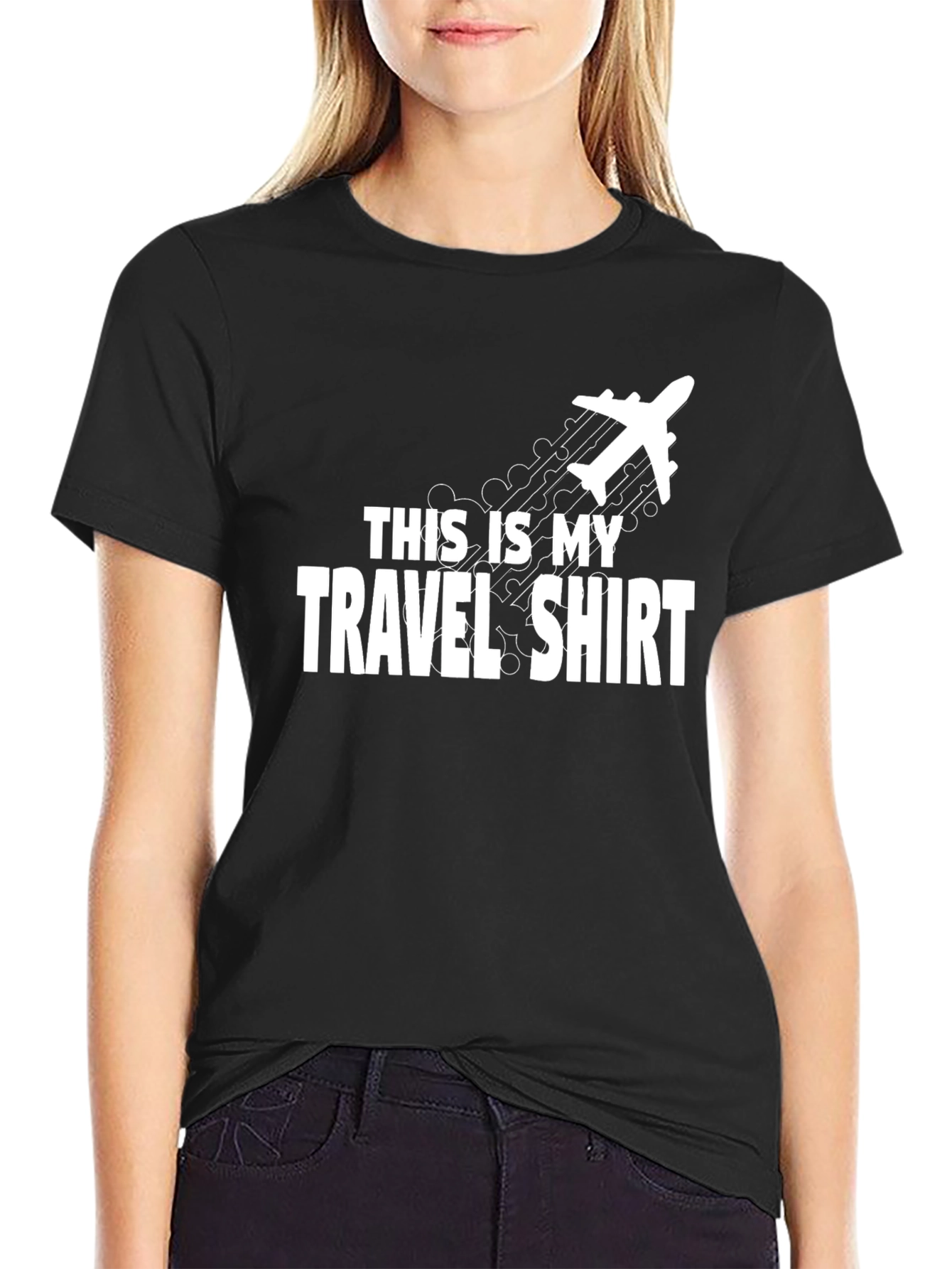 Black Travel Shirt - Black Crew Neck Tee with Airplane Graphic view 2