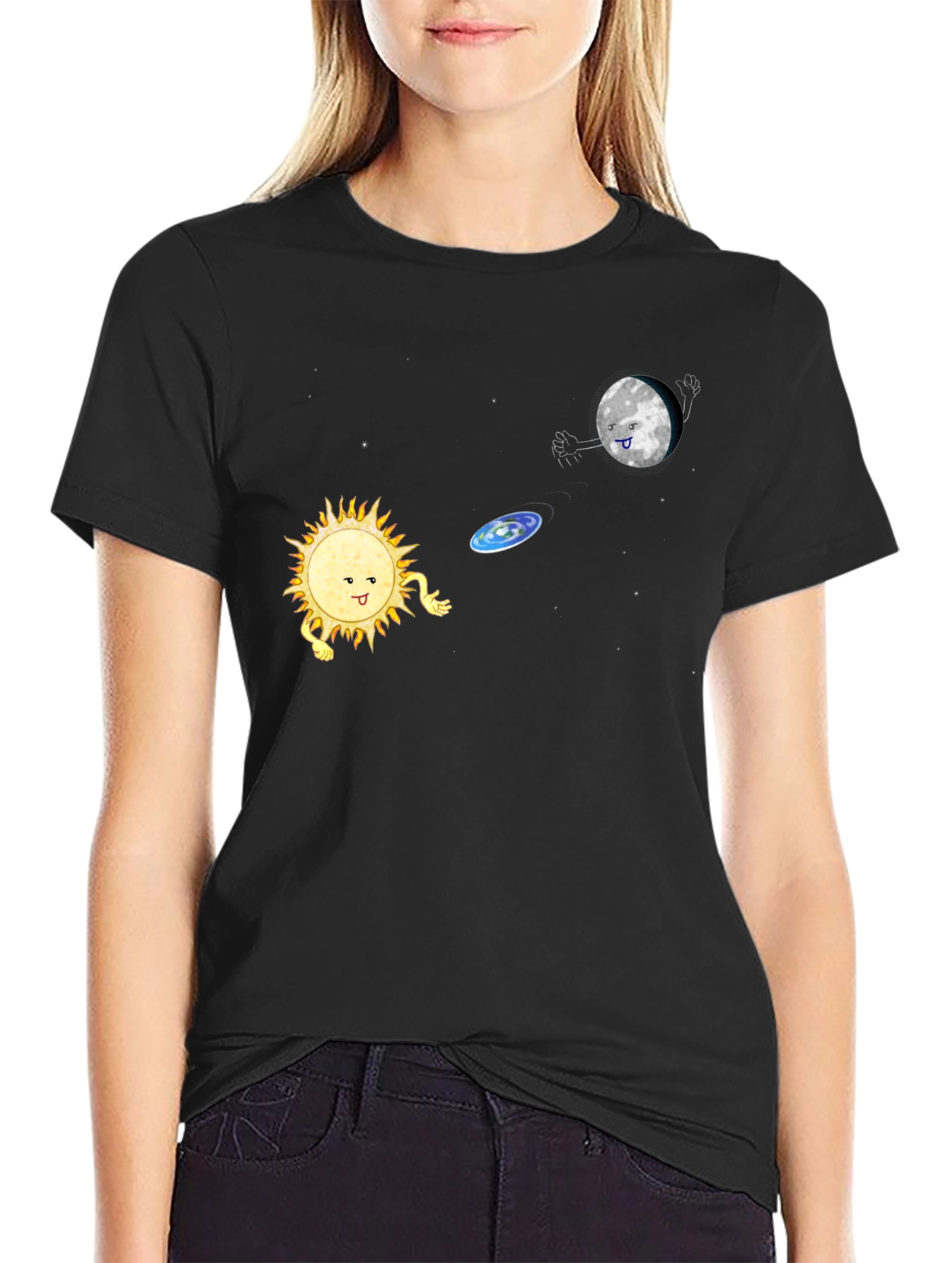 Black Sun & Moon Frisbee T-Shirt - Fun Graphic Tee view 2