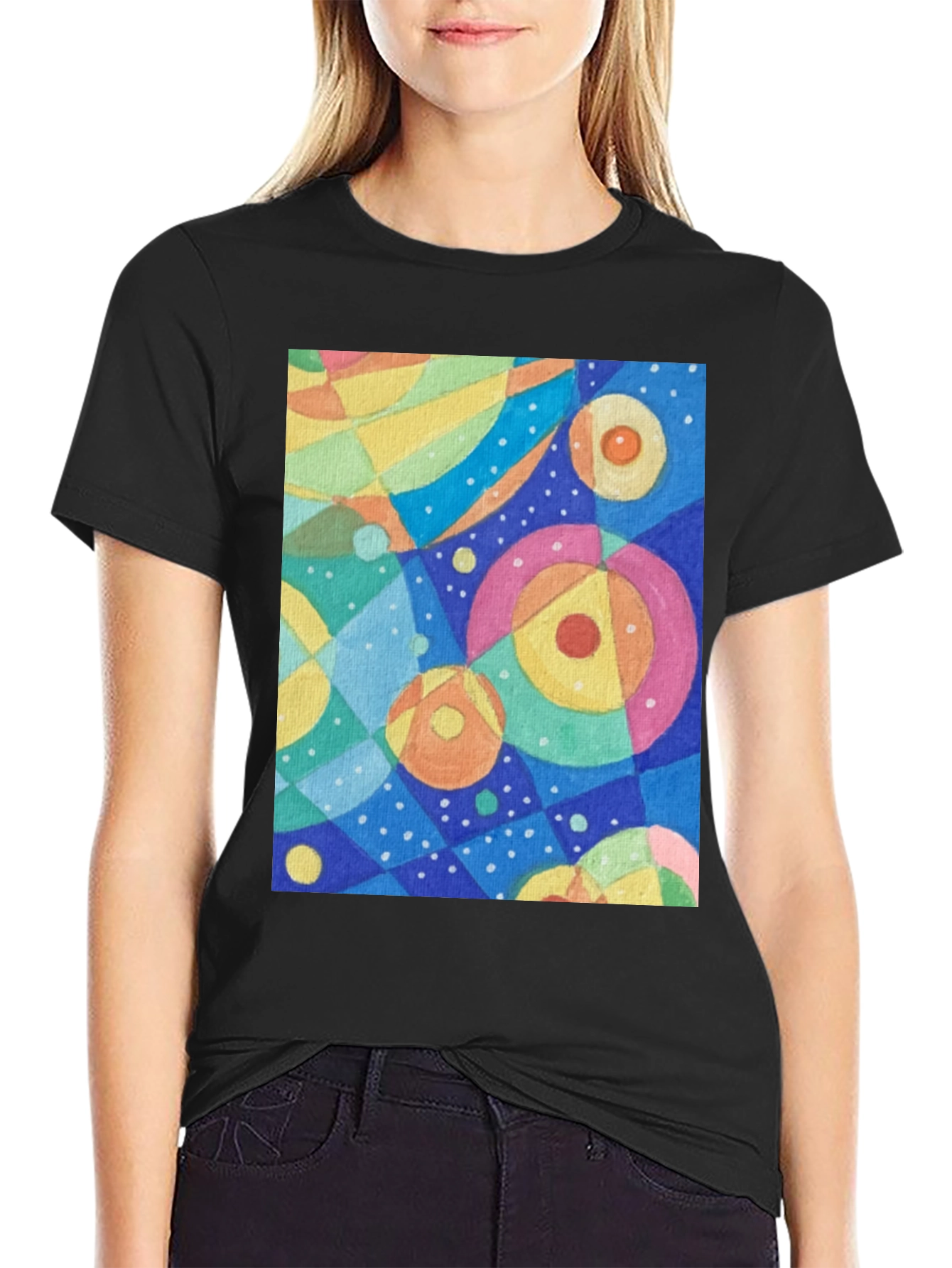 Black Abstract Circle Pattern Graphic Tee - Black view 2