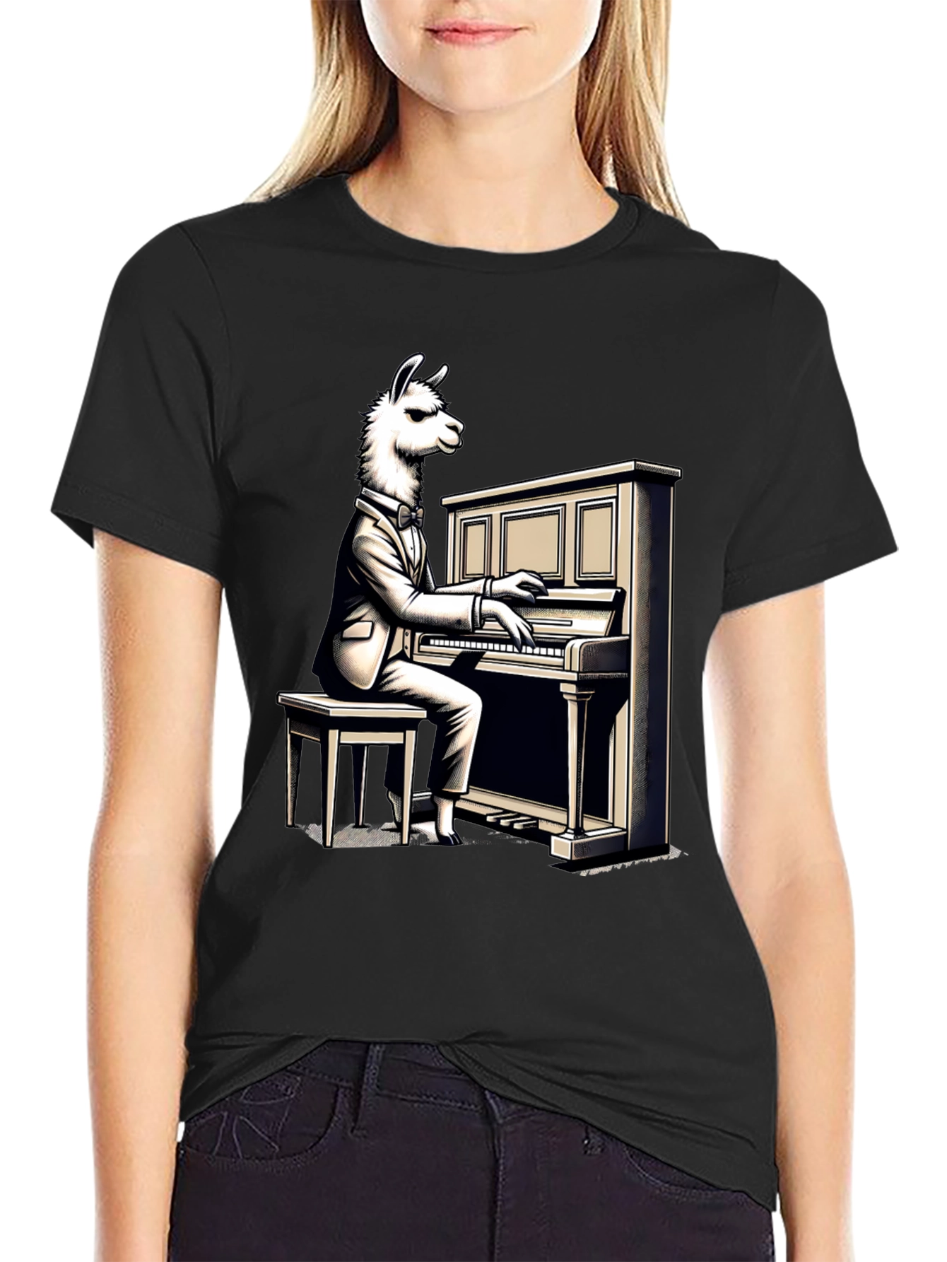 Black Llama Pianist Graphic Tee - Unique Animal Art Shirt view 2