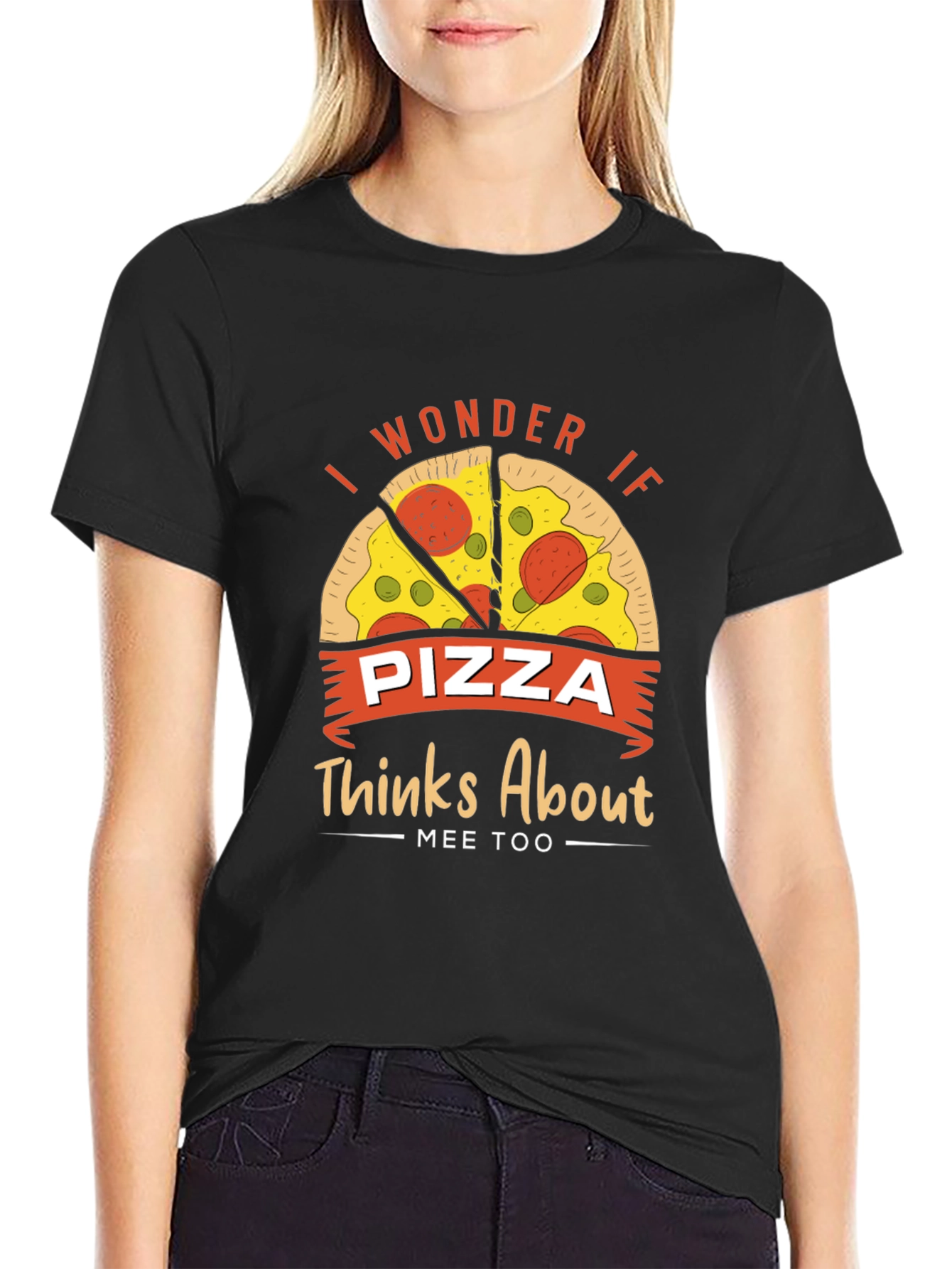 Black Pizza Lover Graphic Tee - I Wonder If Pizza Thinks About Mee Too view 2