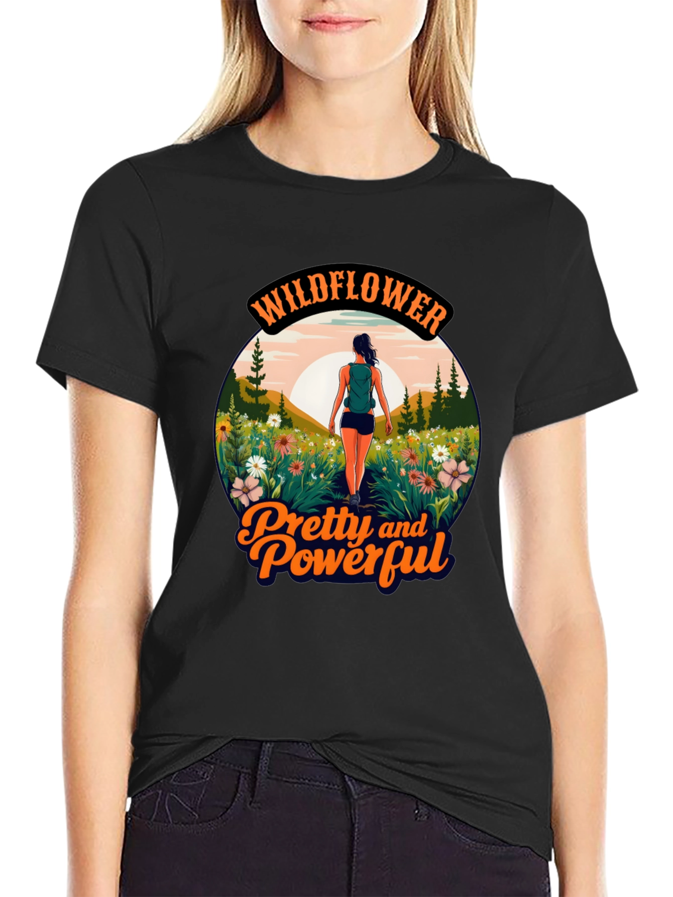 Black Wildflower Pretty and Powerful Graphic Tee view 2
