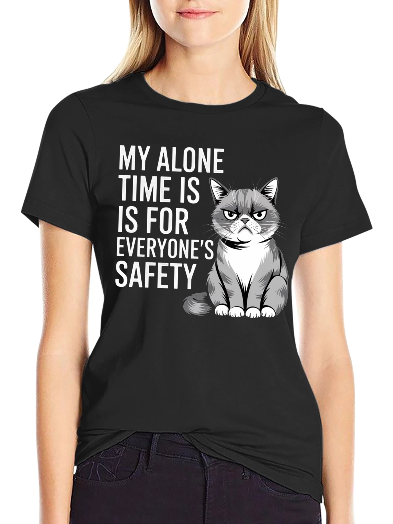 Black Grumpy Cat Alone Time Safety Graphic Tee view 2