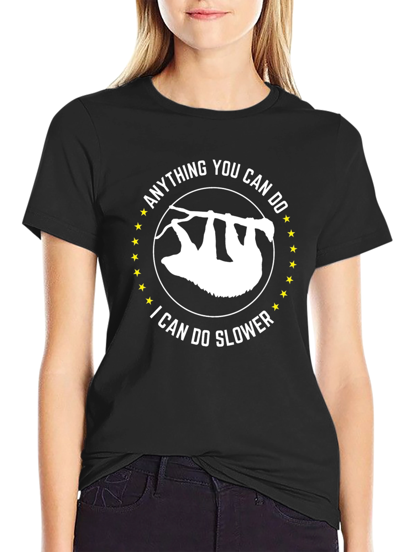 Black Funny Sloth T-Shirt - Anything You Can Do I Can Do Slower Tee view 2
