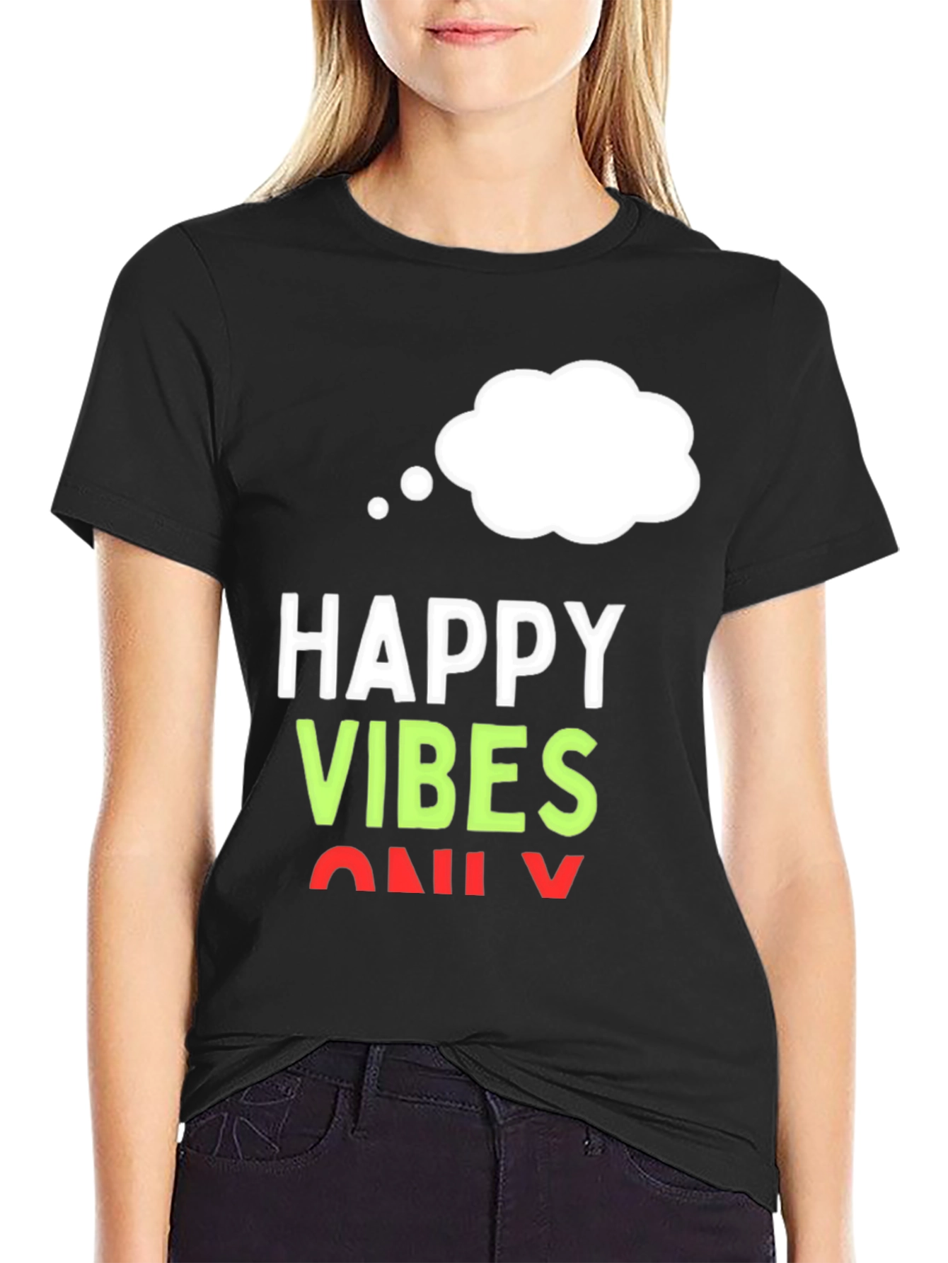 Black Happy Vibes Only T-Shirt - Black Casual Tee view 2