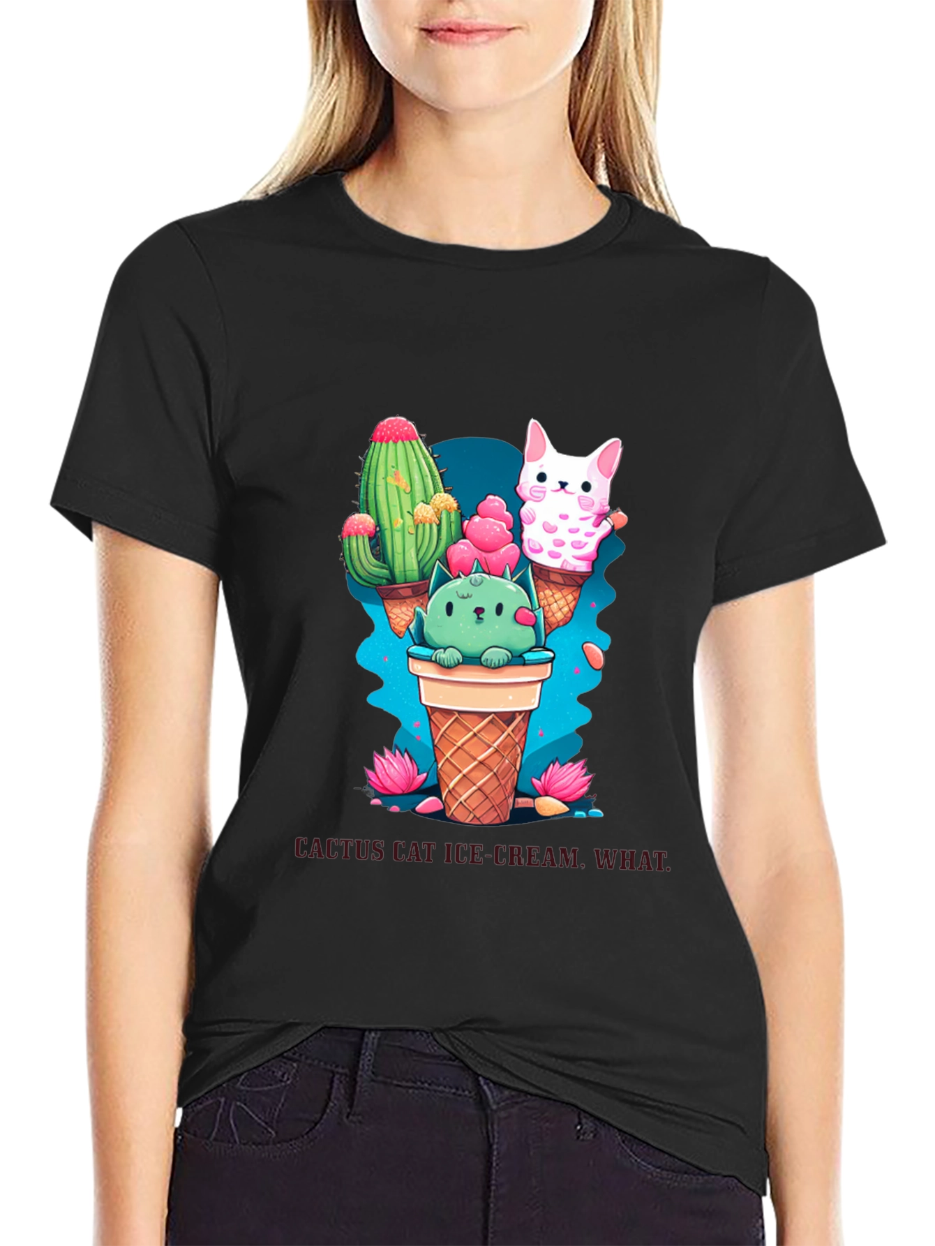 Black Cactus Cat Ice Cream Black T-Shirt view 2