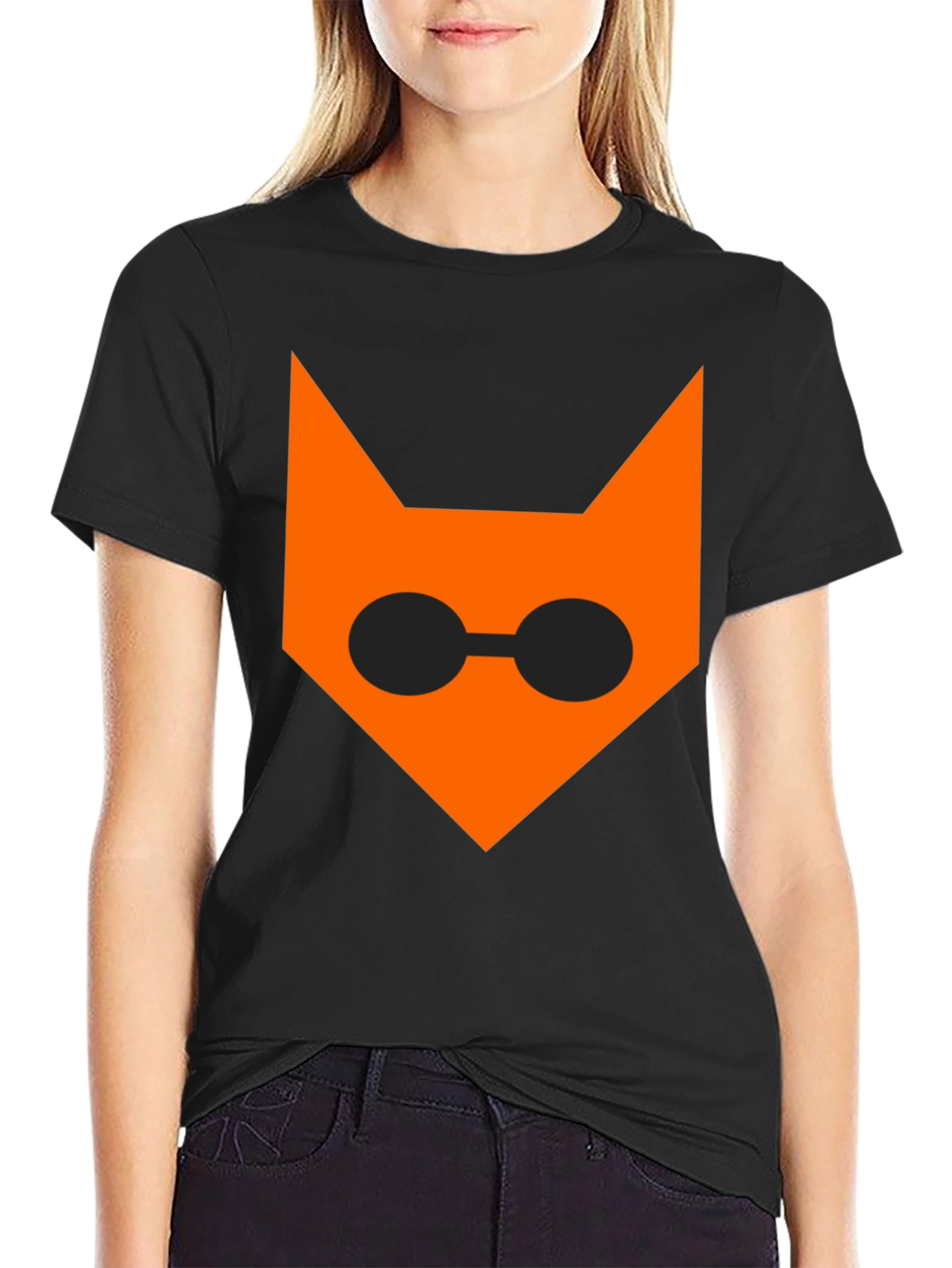 Black Cool Cat Face T-Shirt - Black Cotton Tee view 2