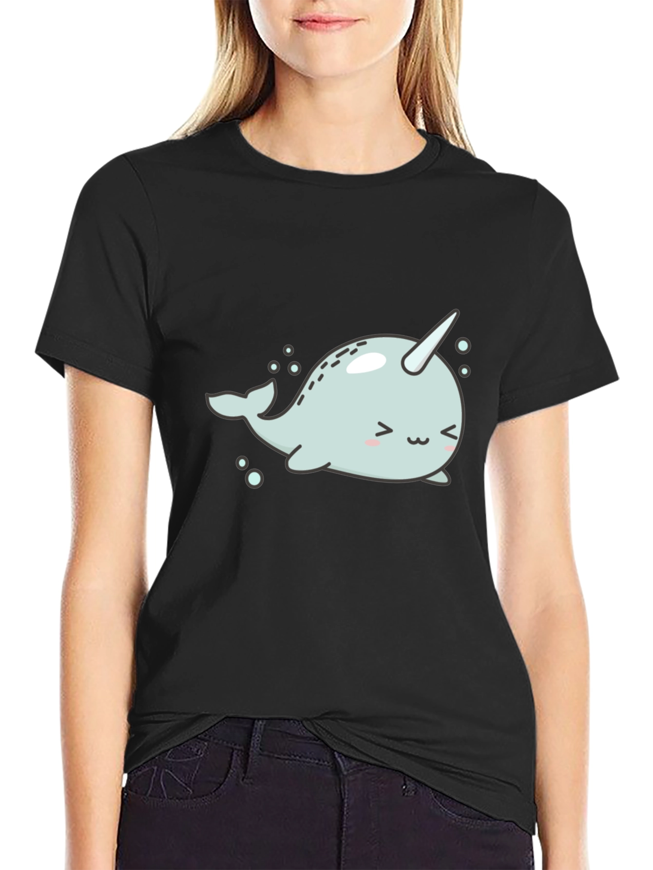 Black Cute Narwhal Graphic Tee - Black Cotton T-Shirt view 2