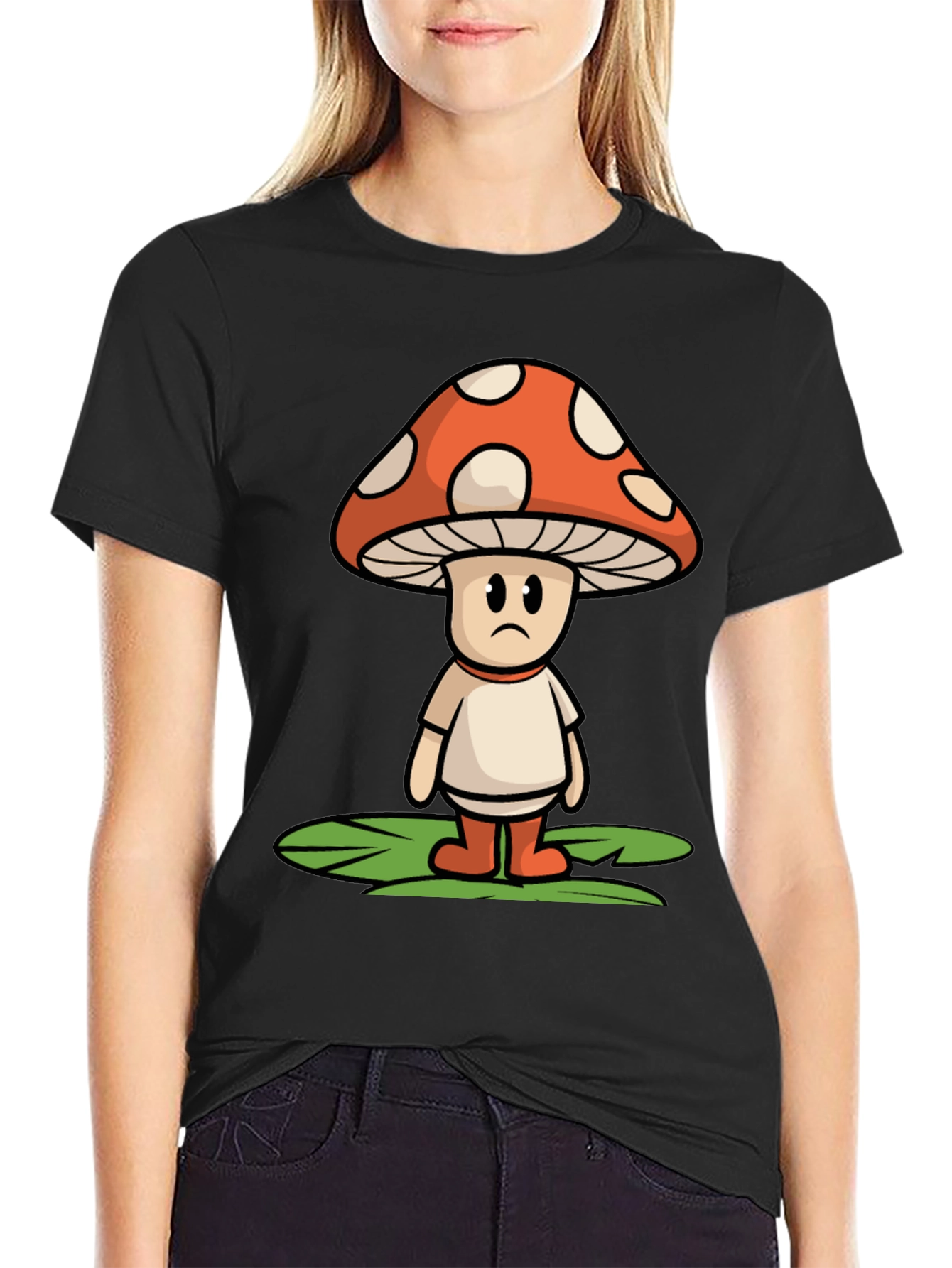 Black Sad Mushroom Graphic Tee - Funky Black T-Shirt view 2