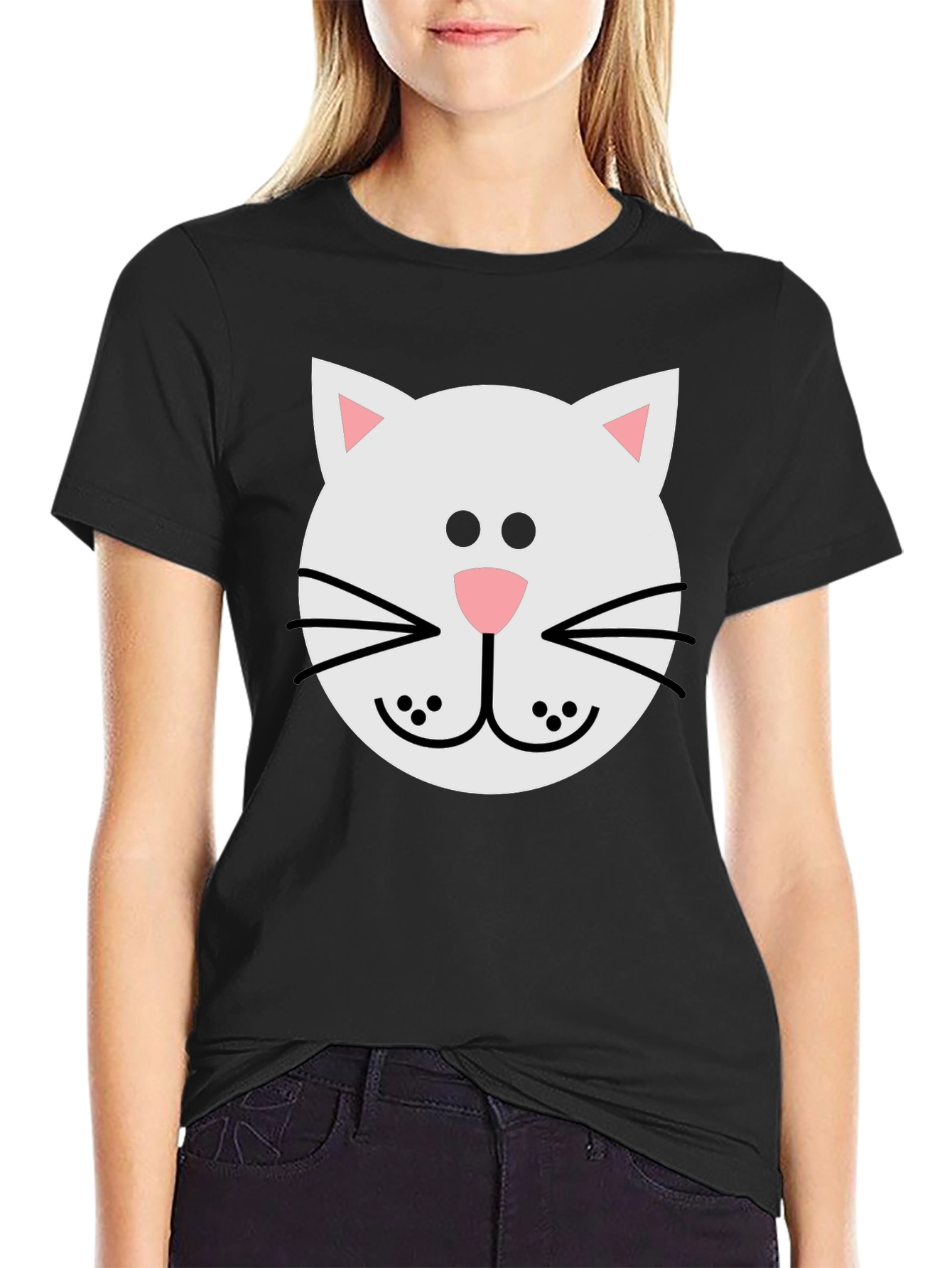 Black Cute Cat Face Graphic Tee - Soft Cotton Blend T-Shirt view 2