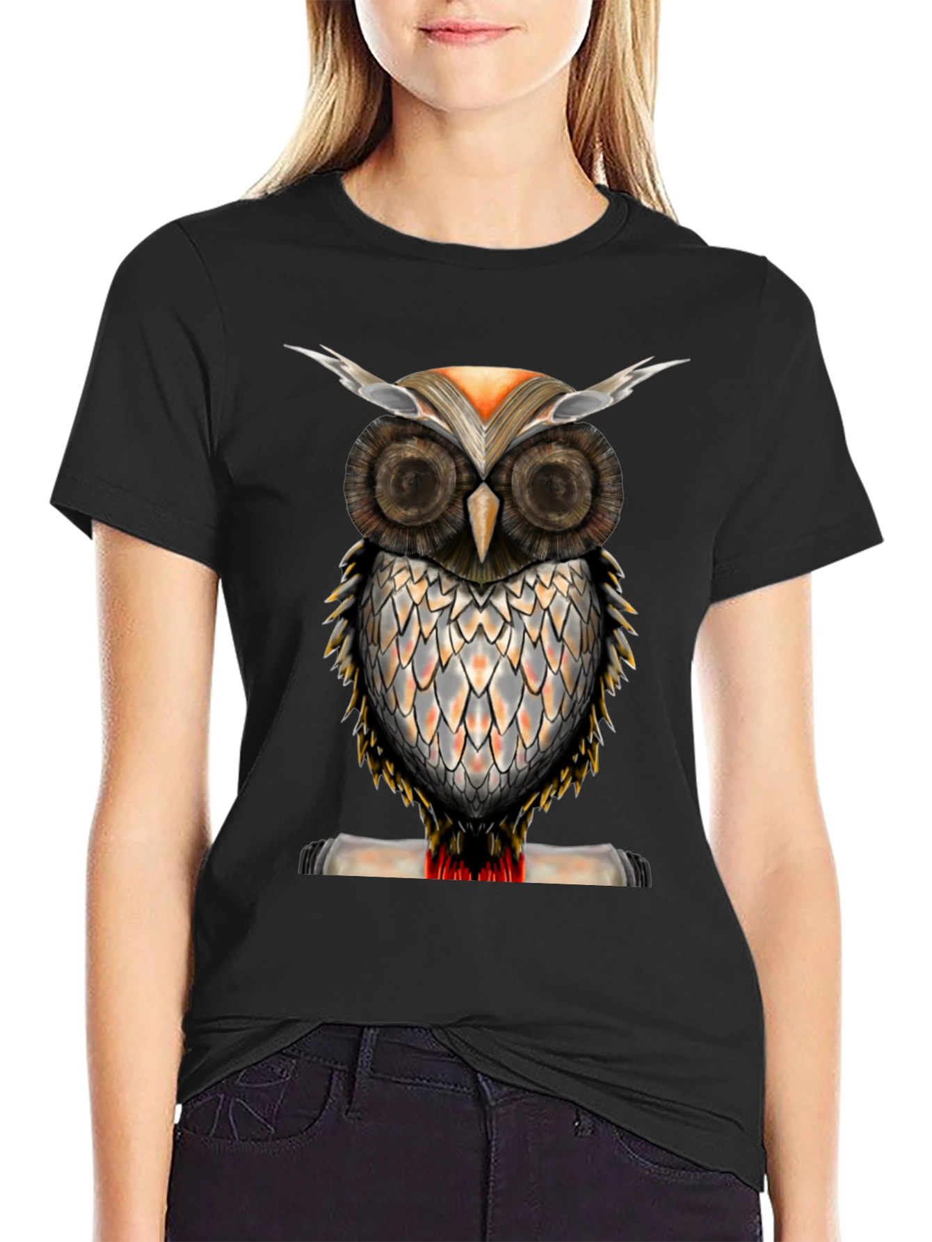 Black Owl Graphic Print Crew Neck T-Shirt view 2