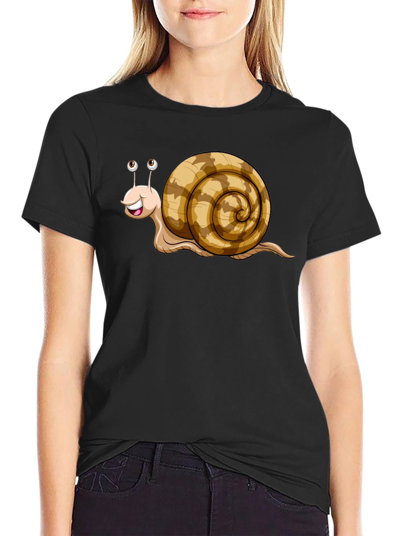 Black Cute Snail Cartoon Graphic Tee Shirt view 2