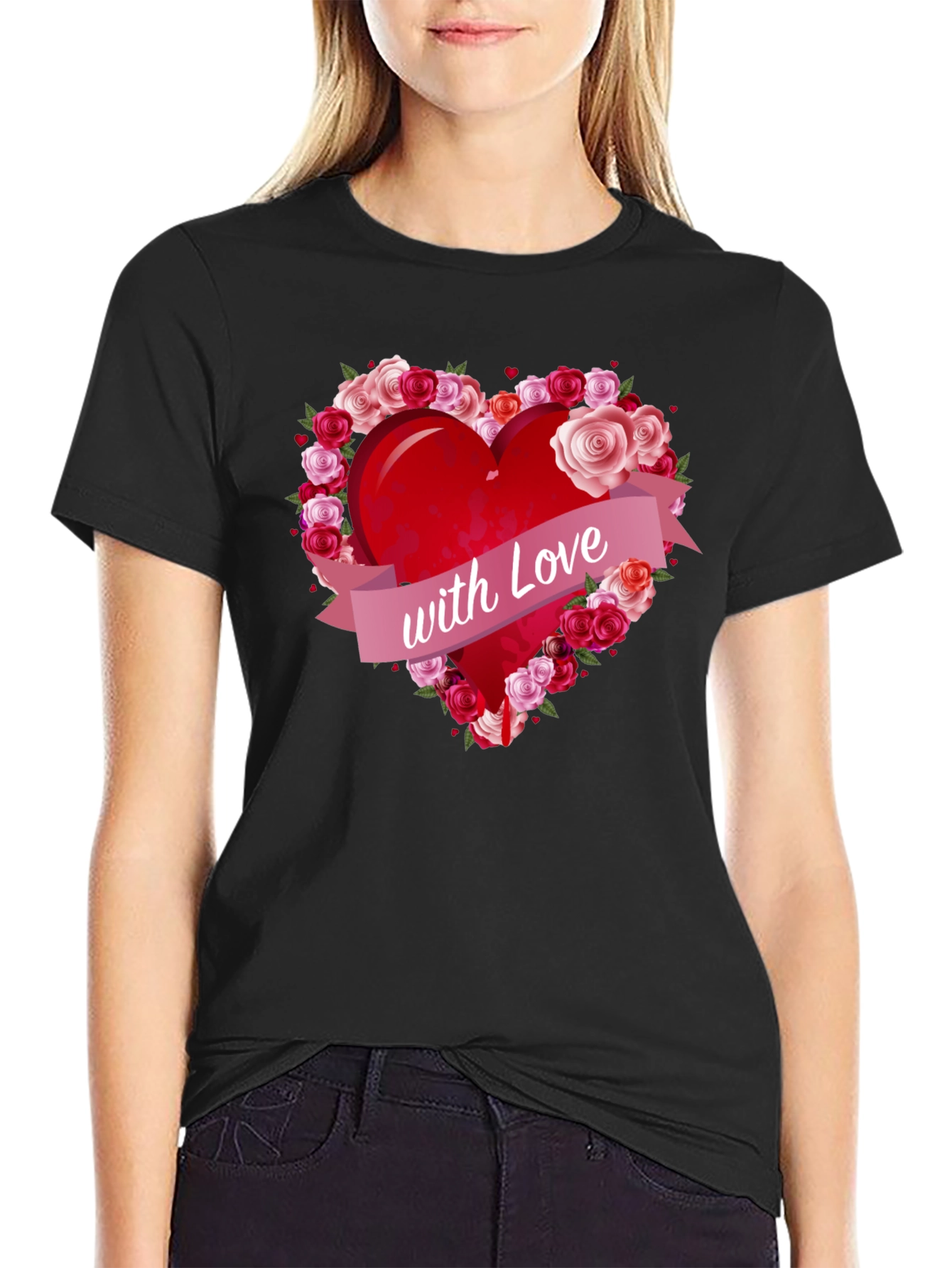 Black Heart with Roses Graphic Tee - Love Design T-Shirt view 2