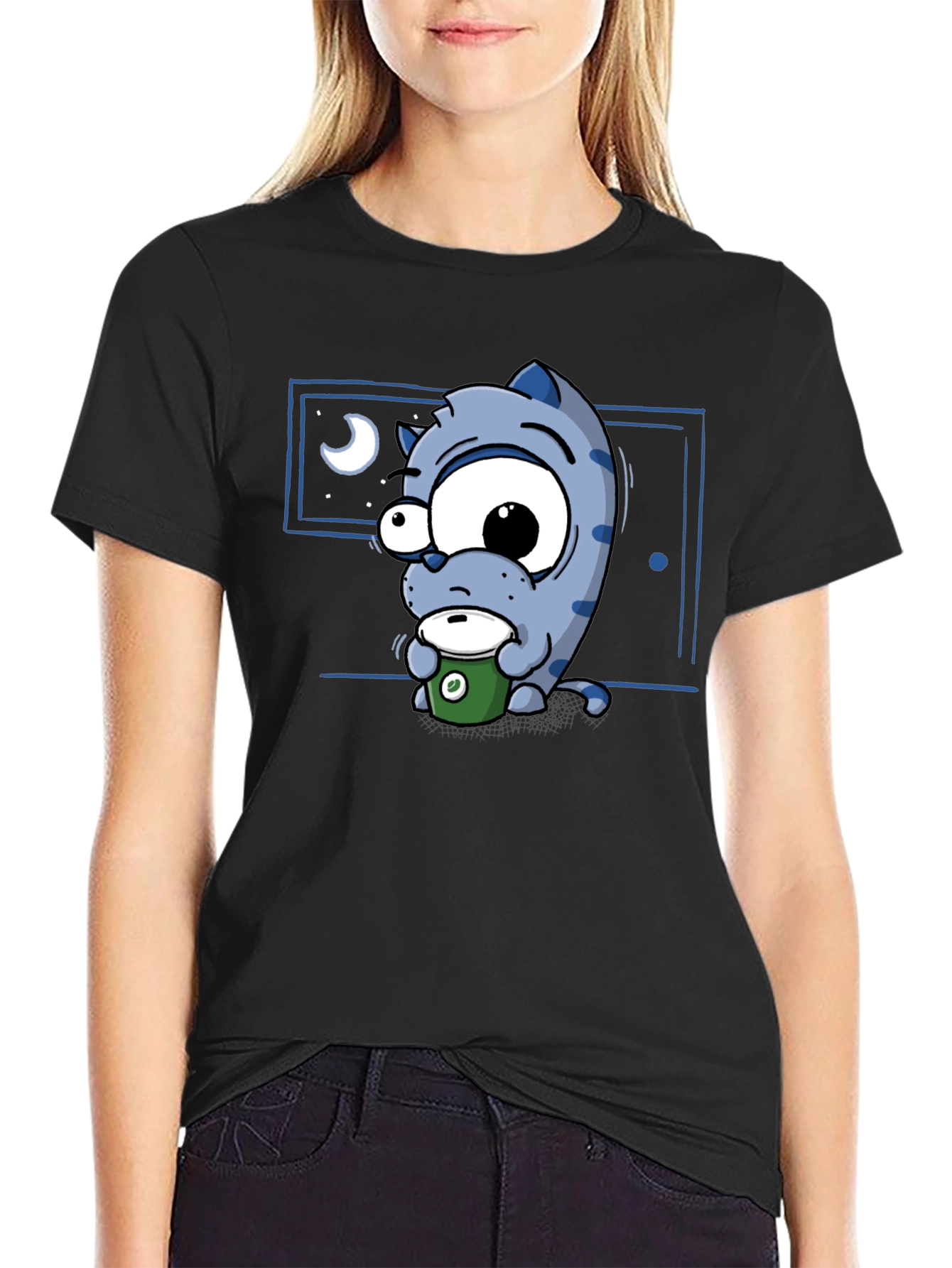 Black Cartoon Cat Coffee Lover T-Shirt - Black view 2