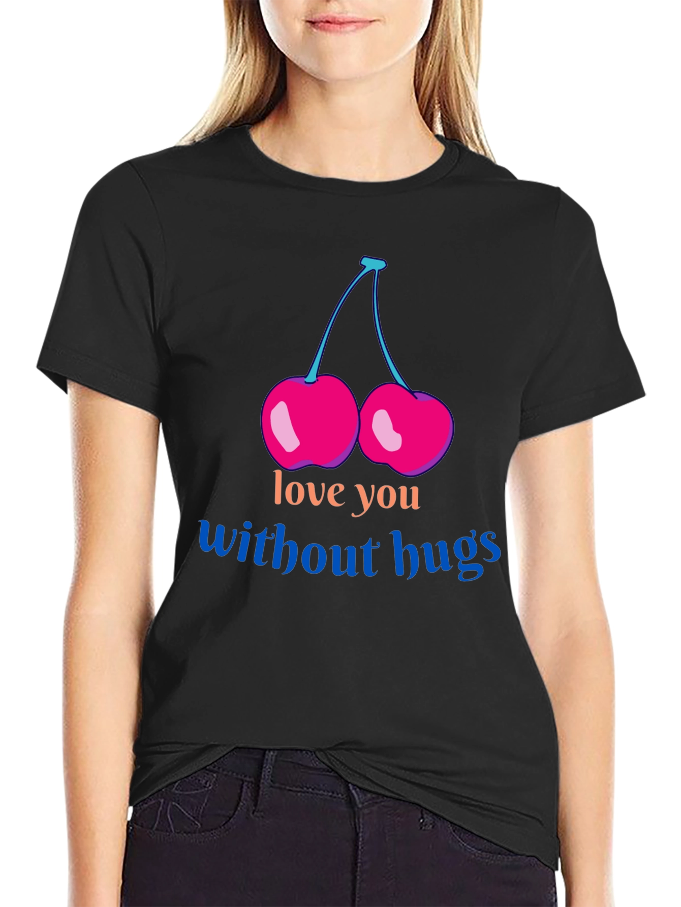 Black Love You Without Hugs Cherry Graphic Tee - Black view 2