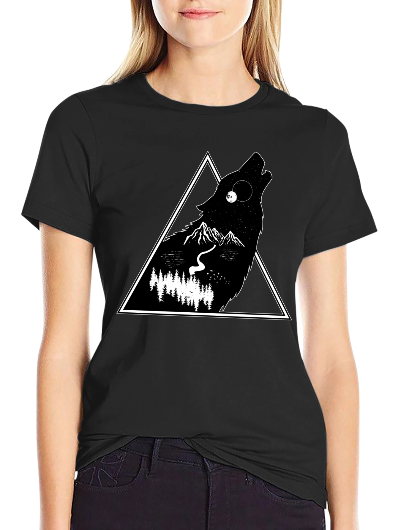 Black Wolf Triangle Graphic Black T-Shirt view 2