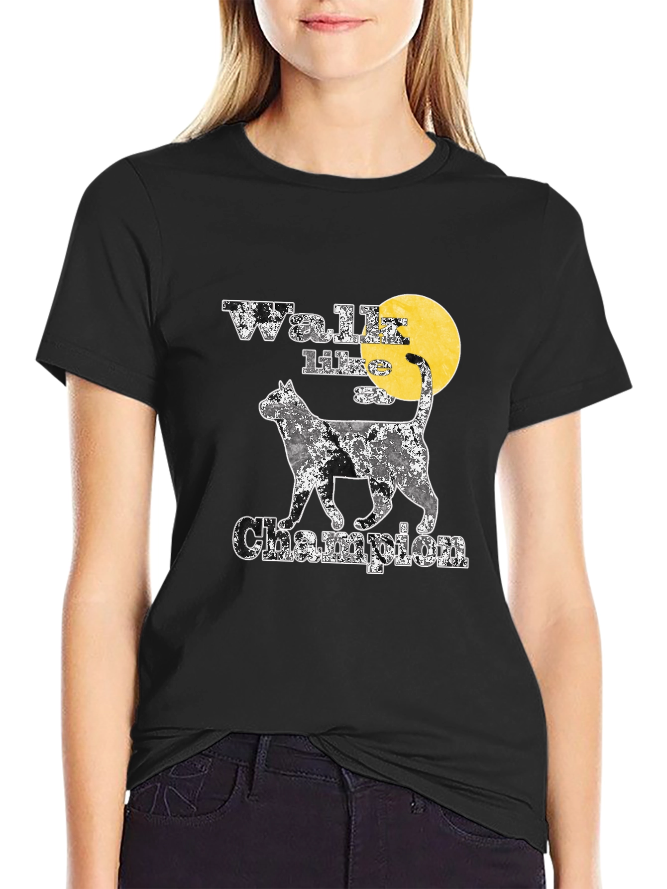 Black Walk Like A Champion Cat Graphic Tee view 2